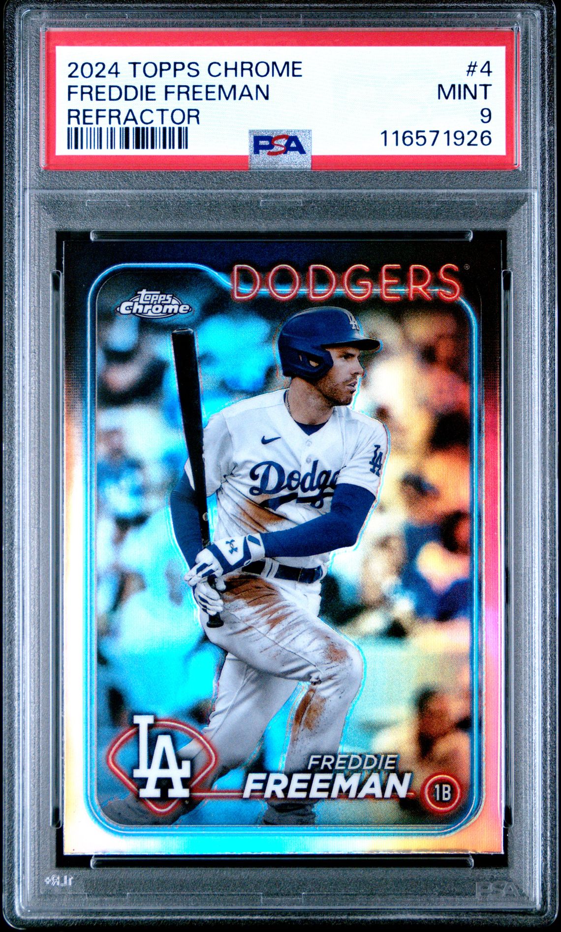 Freddie Freeman 2024 Topps Chrome Refractor Baseball Card #4 Graded PSA 9 Freddie Freeman 2024 Topps Chrome Refractor Baseball Card #4 Graded PSA 9