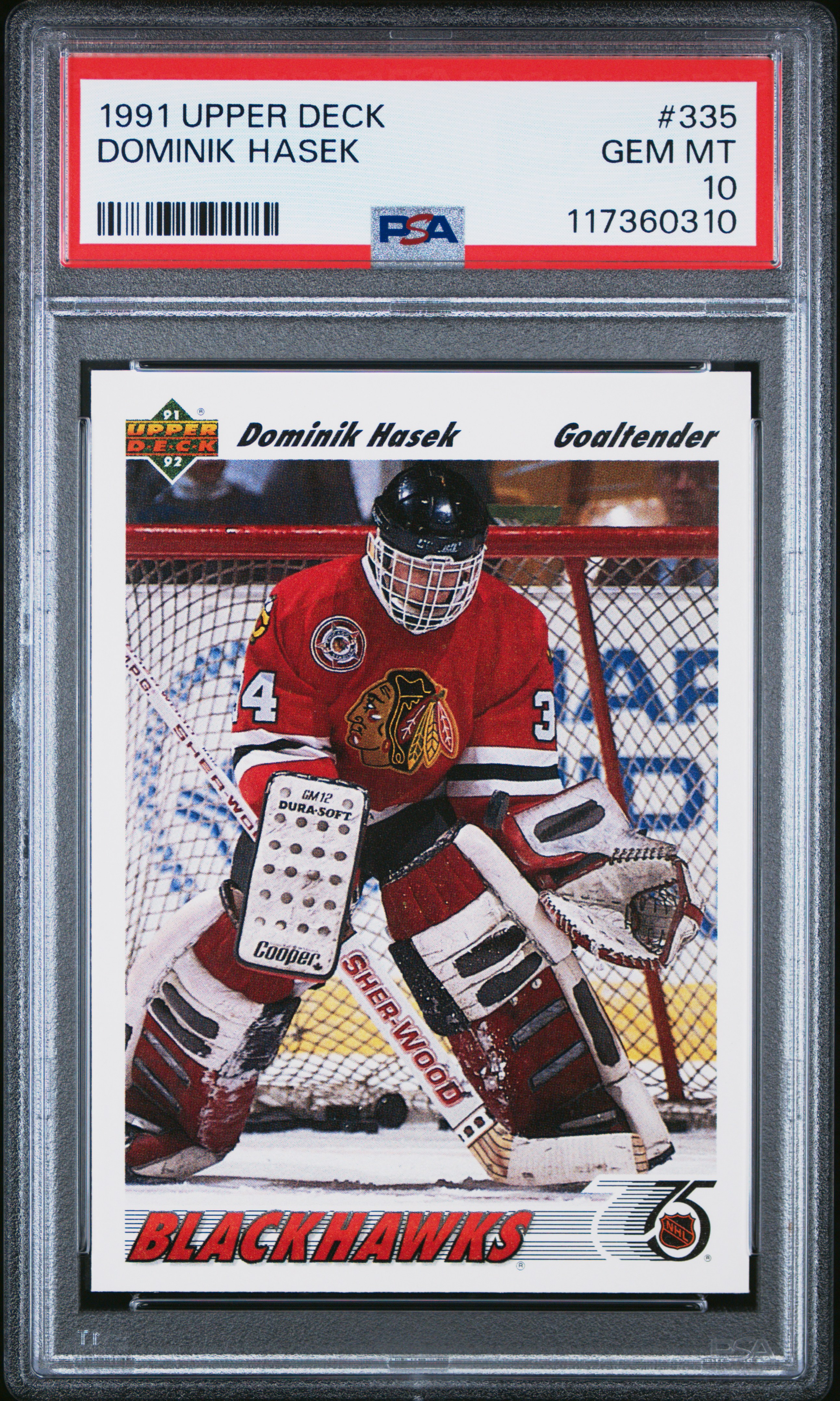 Dominik Hasek 1991 Upper Deck Chicago Blackhawks Hockey Rookie Card RC #335 Graded PSA 10 Cert #117360310 Dominik Hasek 1991 Upper Deck Chicago Blackhawks Hockey Rookie Card RC #335 Graded PSA 10 Cert #117360310