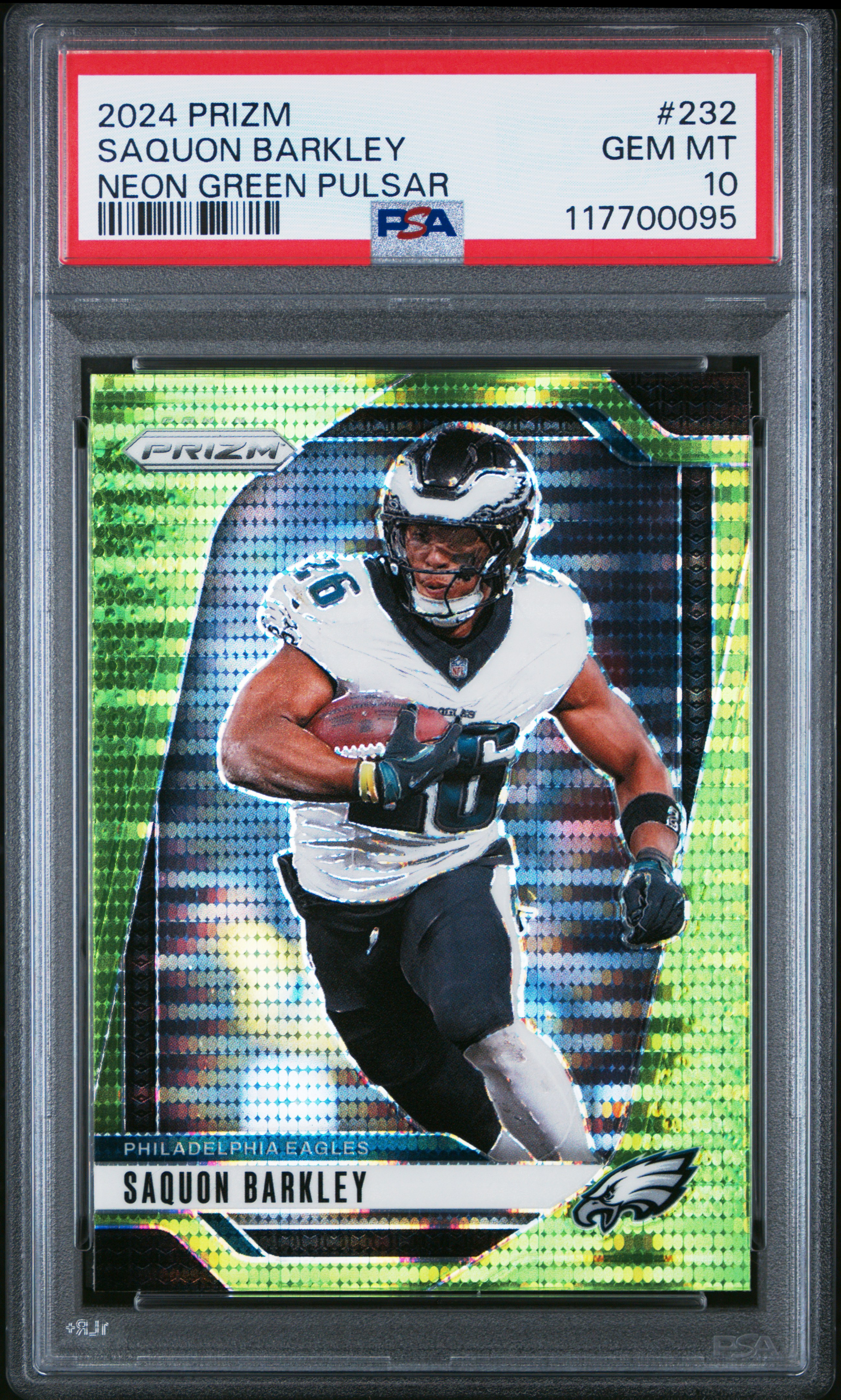 Saquon Barkley 2024 Panini Prizm Neon Green Pulsar Football Card #232 Graded PSA 10 Cert # 117700095 Saquon Barkley 2024 Panini Prizm Neon Green Pulsar Football Card #232 Graded PSA 10 Cert # 117700095