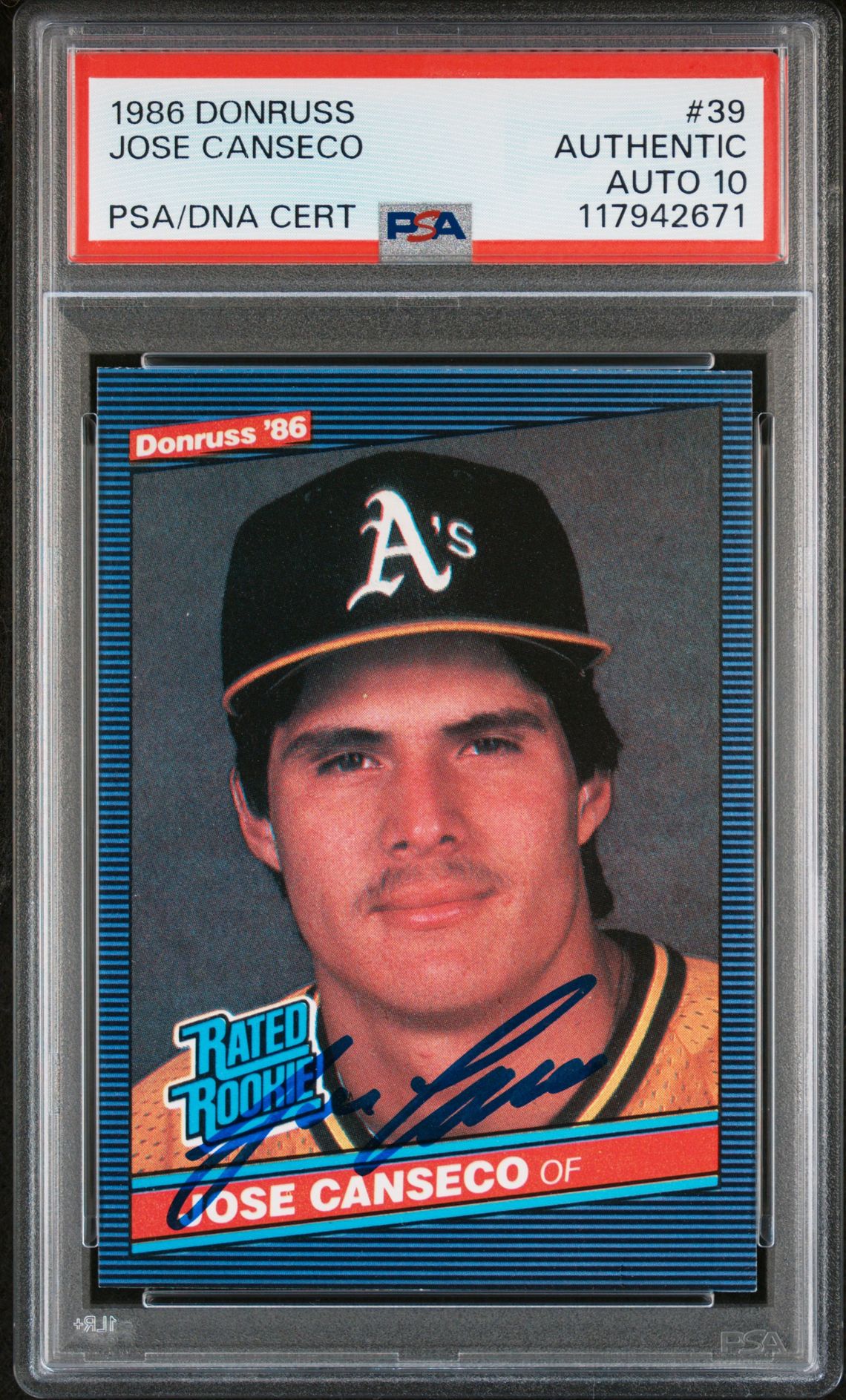 Jose Canseco 1986 Donruss Signed Baseball Rookie Card #39 Auto Graded PSA 10 Cert # 117942671