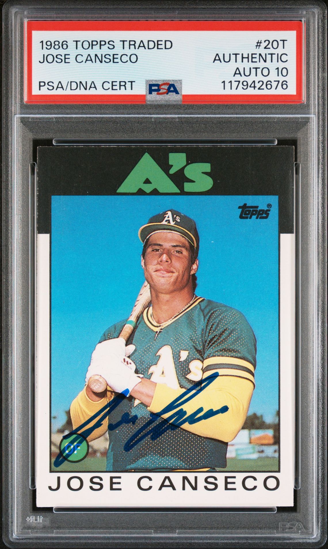Jose Canseco 1986 Topps Traded Signed Baseball Rookie Card #20T Auto Graded PSA 10 Cert # 117942676