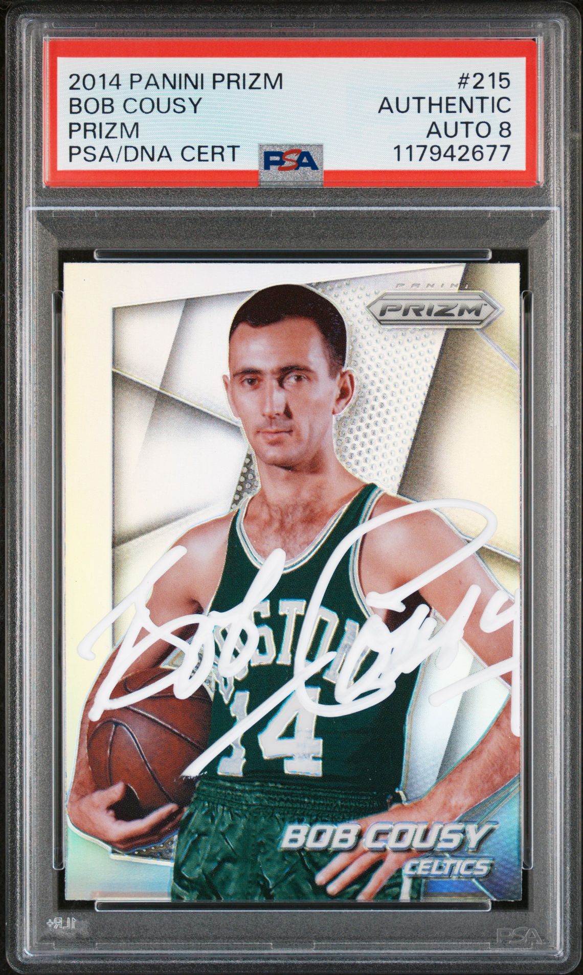 Bob Cousy 2014 Panini Prizm Silver Signed Basketball Card #215 Auto Graded PSA 8 Cert # 117942677