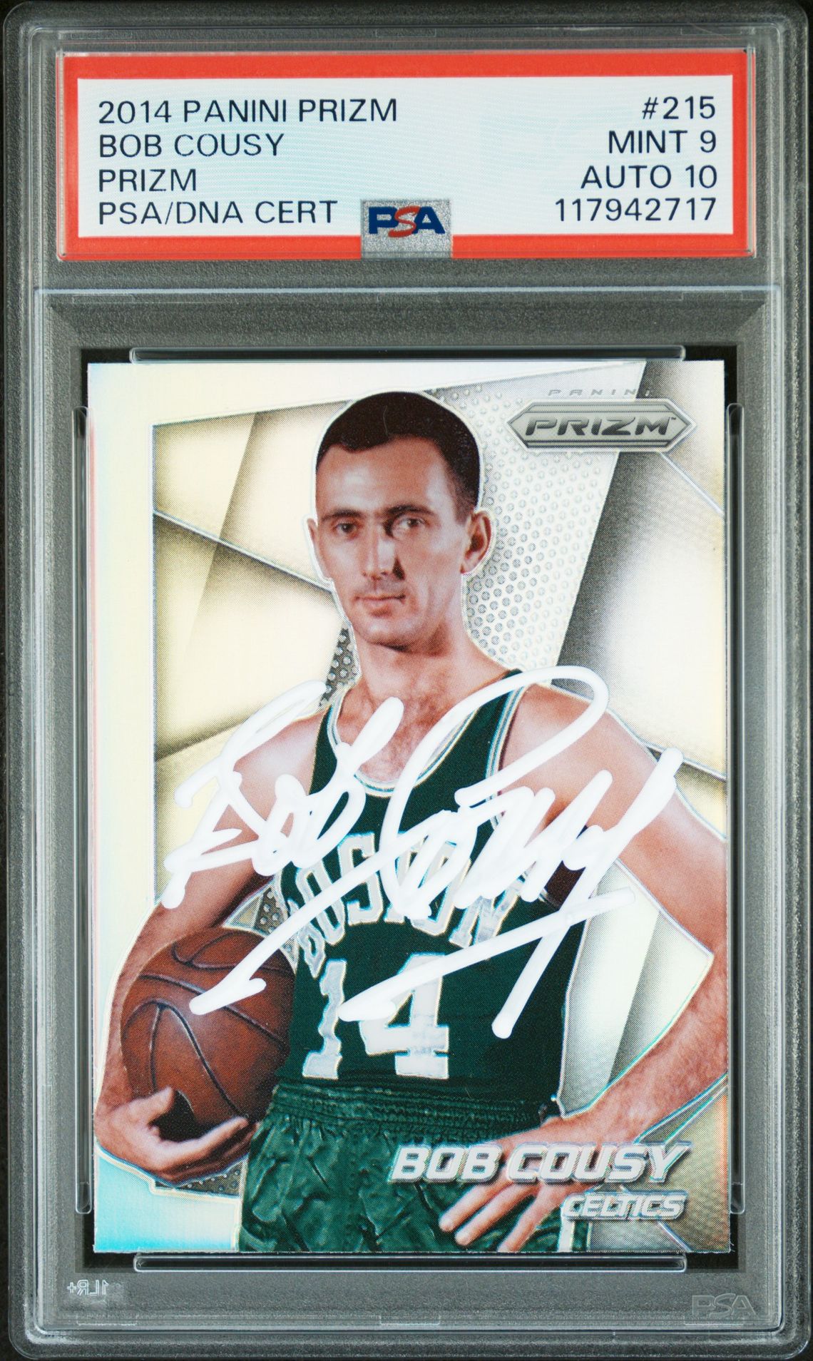 Bob Cousy 2014 Panini Prizm Silver Signed Basketball Card #215 Graded PSA 9 Auto 10 Cert # 117942717 Bob Cousy 2014 Panini Prizm Silver Signed Basketball Card #215 Graded PSA 9 Auto 10 Cert # 117942717