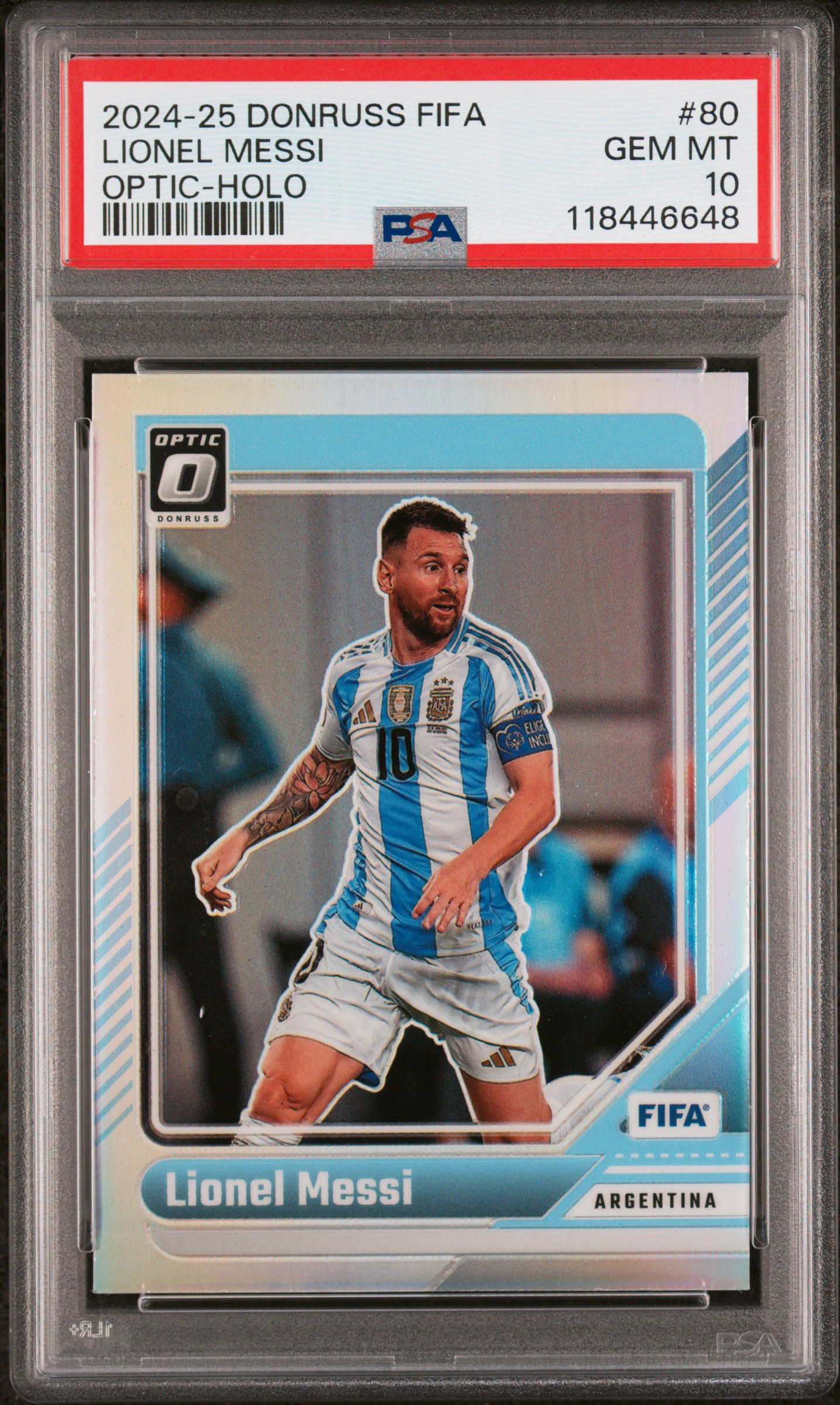 Lionel Messi 2024-25 Donruss FIFA Optic Holo Soccer Card #80 Graded PSA 10 Cert #118446648