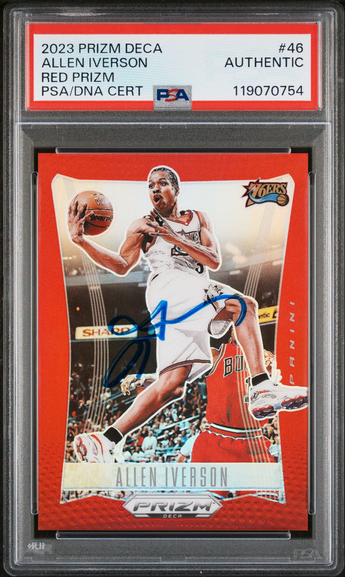 Allen Iverson 2023 Panini Prizm Deca Red Signed Basketball Card #46 Graded Authentic Auto PSA 143/199 Cert # 119070754 Allen Iverson 2023 Panini Prizm Deca Red Signed Basketball Card #46 Graded Authentic Auto PSA 143/199 Cert # 119070754