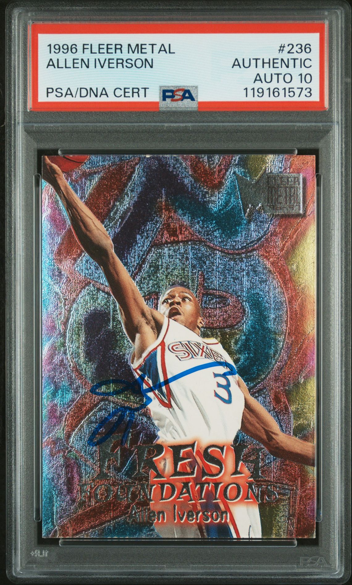 Allen Iverson 1996 Fleer Metal Signed Basketball Rookie Card #236 Auto Graded PSA 10 Cert # 119161573 Allen Iverson 1996 Fleer Metal Signed Basketball Rookie Card #236 Auto Graded PSA 10 Cert # 119161573