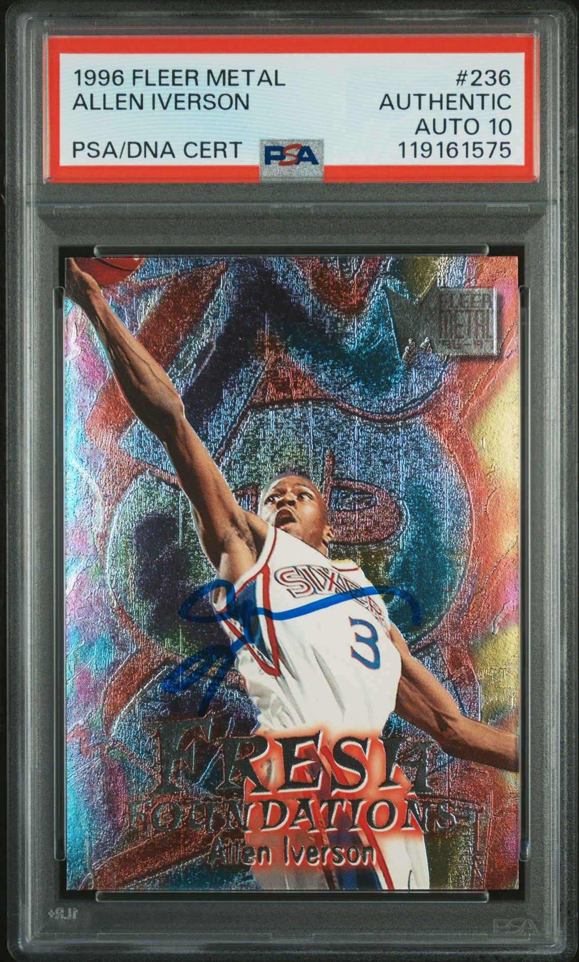 Allen Iverson 1996 Fleer Metal Signed Basketball Rookie Card #236 Auto Graded PSA 10 Cert # 119161575 Allen Iverson 1996 Fleer Metal Signed Basketball Rookie Card #236 Auto Graded PSA 10 Cert # 119161575
