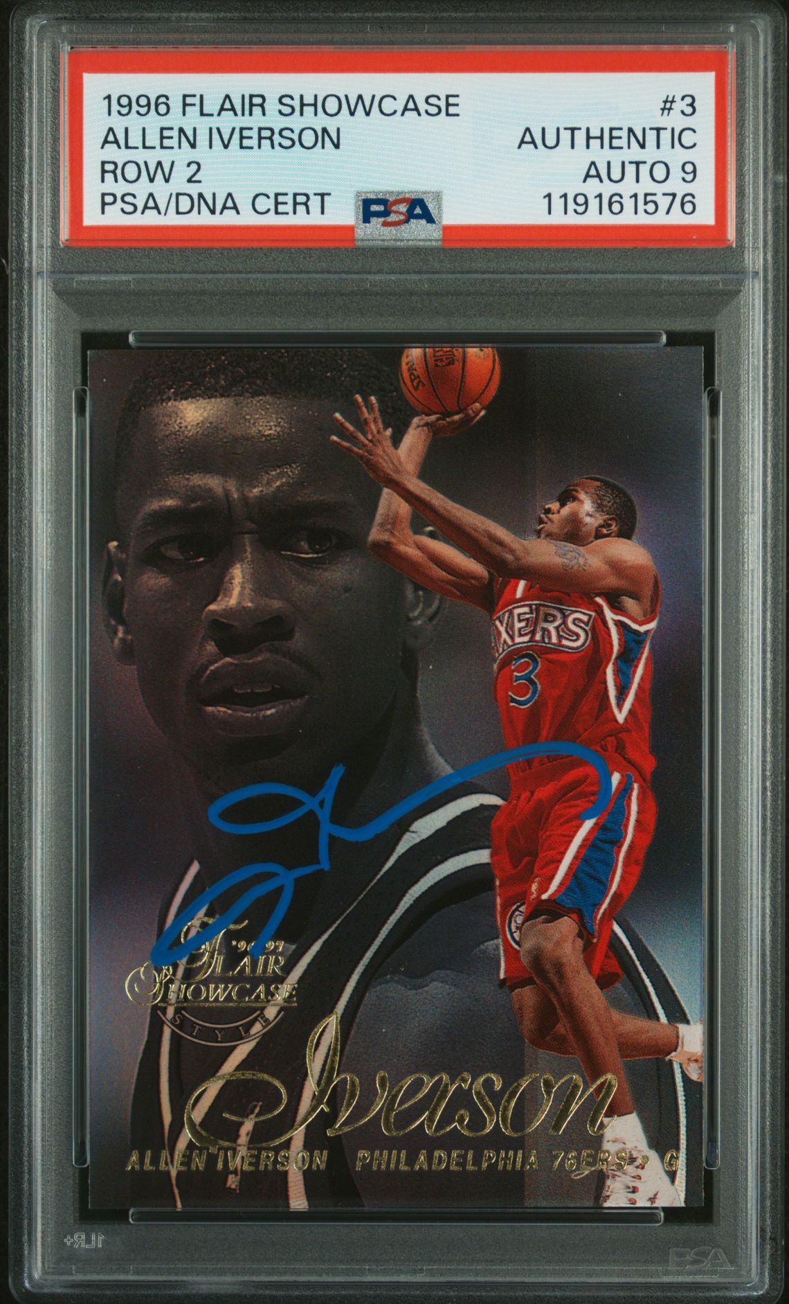 Allen Iverson 1996 Flair Showcase Row 2 Signed Basketball Rookie Card #3 Auto Graded PSA 9 Cert # 119161576 Allen Iverson 1996 Flair Showcase Row 2 Signed Basketball Rookie Card #3 Auto Graded PSA 9 Cert # 119161576