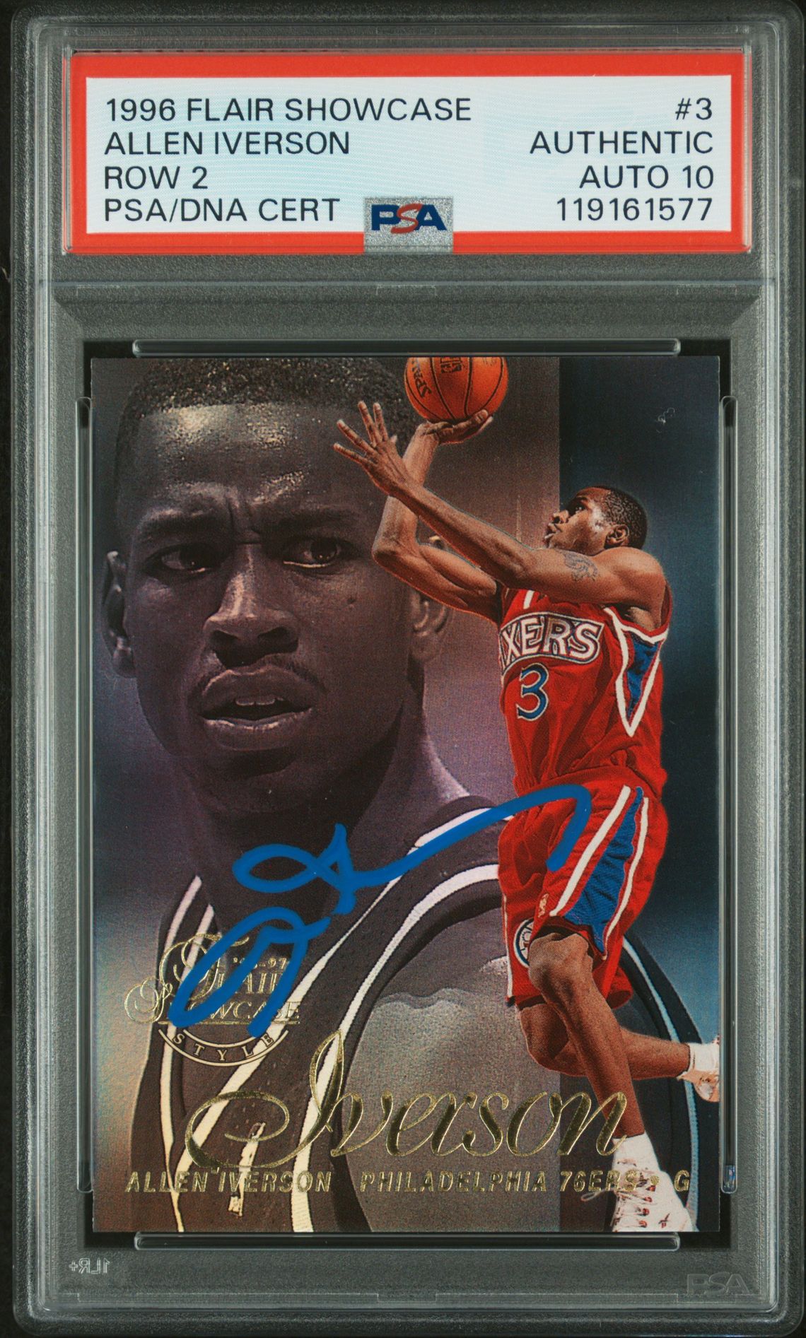 Allen Iverson 1996 Flair Showcase Row 2 Signed Basketball Rookie Card #3 Auto Graded PSA 10 Cert # 119161577 Allen Iverson 1996 Flair Showcase Row 2 Signed Basketball Rookie Card #3 Auto Graded PSA 10 Cert # 119161577