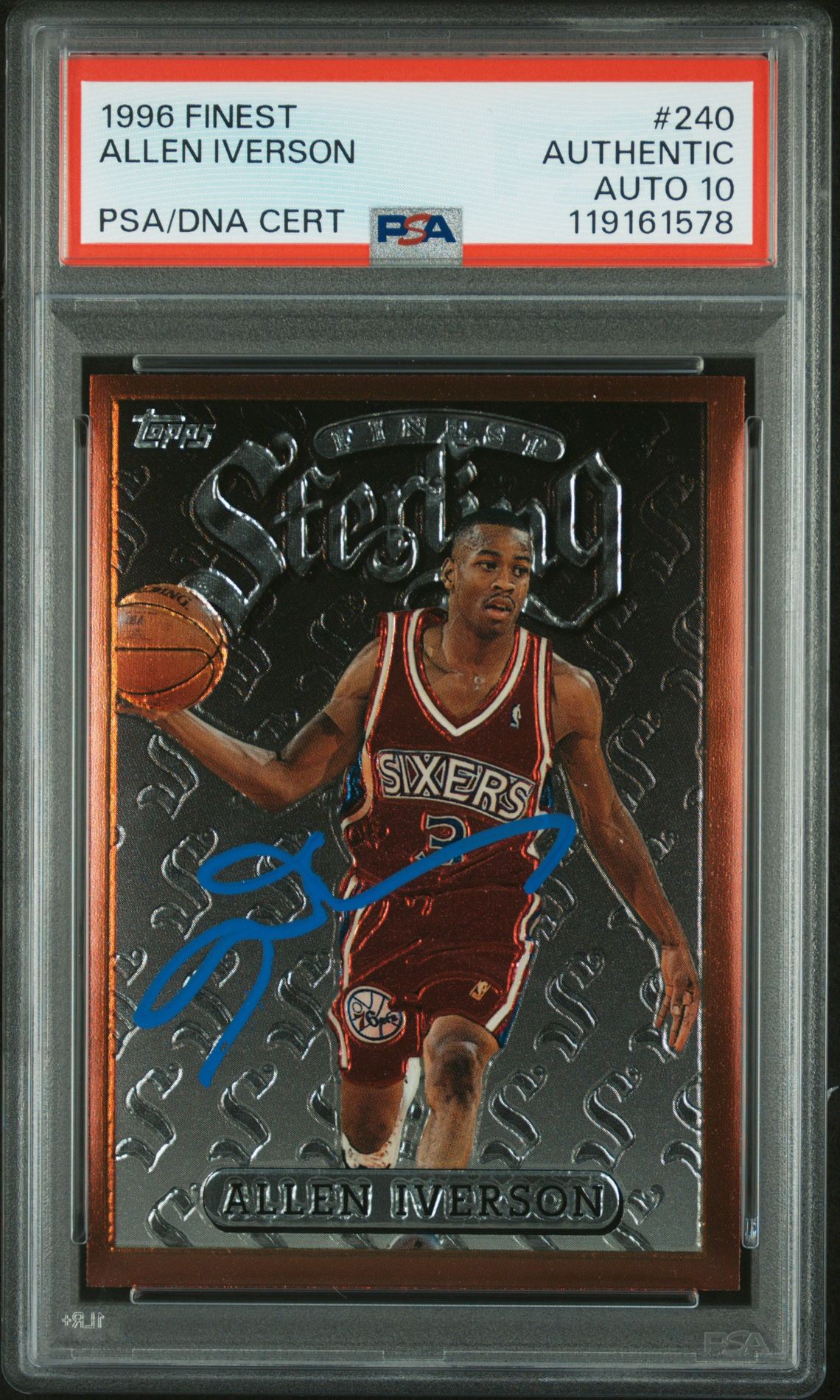 Allen Iverson 1996 Topps Finest Signed Basketball Rookie Card #240 Auto Graded PSA 10 Cert # 119161578 Allen Iverson 1996 Topps Finest Signed Basketball Rookie Card #240 Auto Graded PSA 10 Cert # 119161578