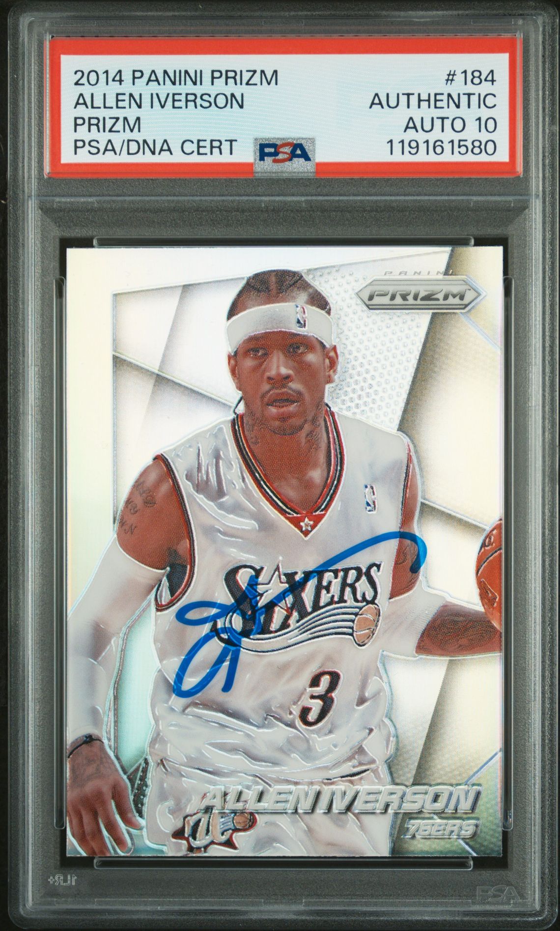 Allen Iverson 2014 Panini Silver Prizm Signed Basketball Card #184 Auto Graded PSA 10 Cert # 119161580 Allen Iverson 2014 Panini Silver Prizm Signed Basketball Card #184 Auto Graded PSA 10 Cert # 119161580