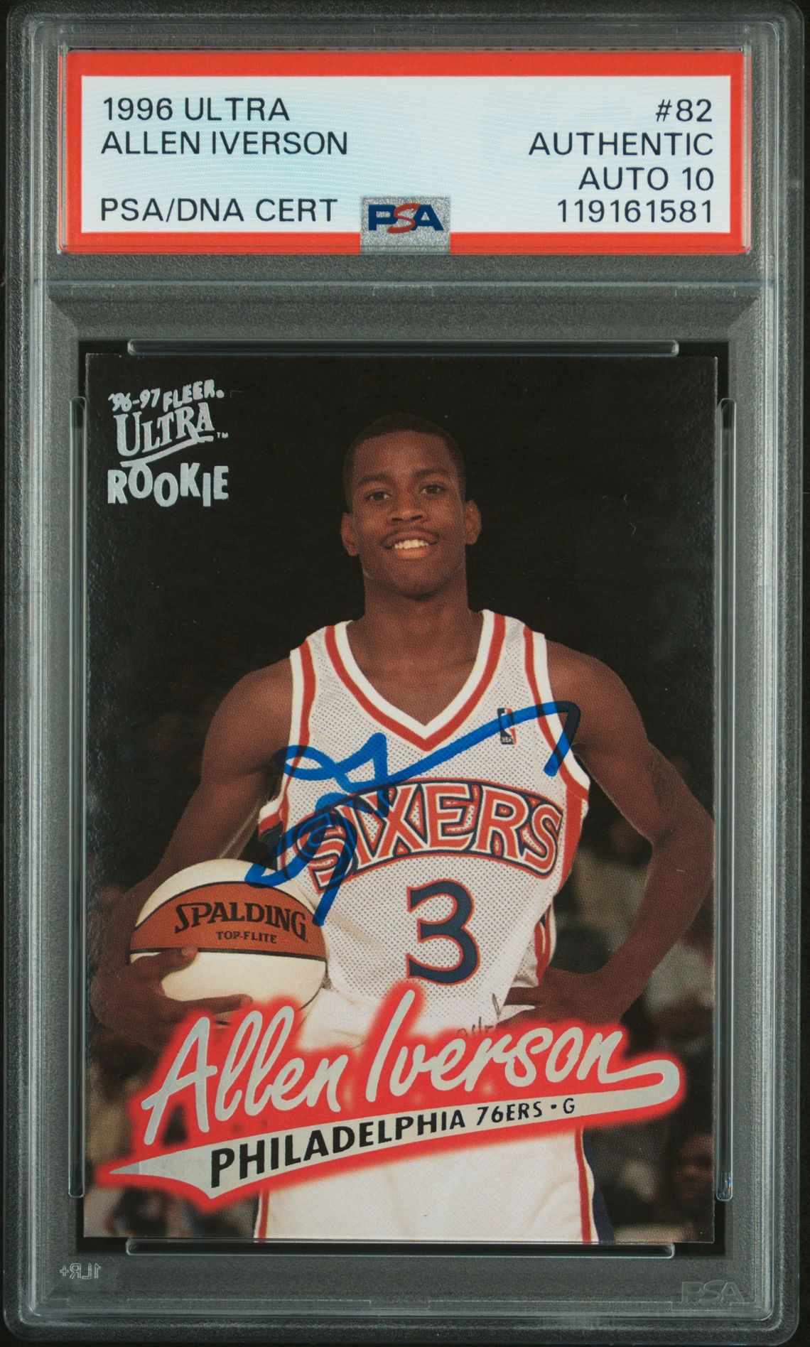 Allen Iverson 1996 Fleer Ultra Signed Basketball Rookie Card #82 Auto Graded PSA 10 Cert # 119161581 Allen Iverson 1996 Fleer Ultra Signed Basketball Rookie Card #82 Auto Graded PSA 10 Cert # 119161581