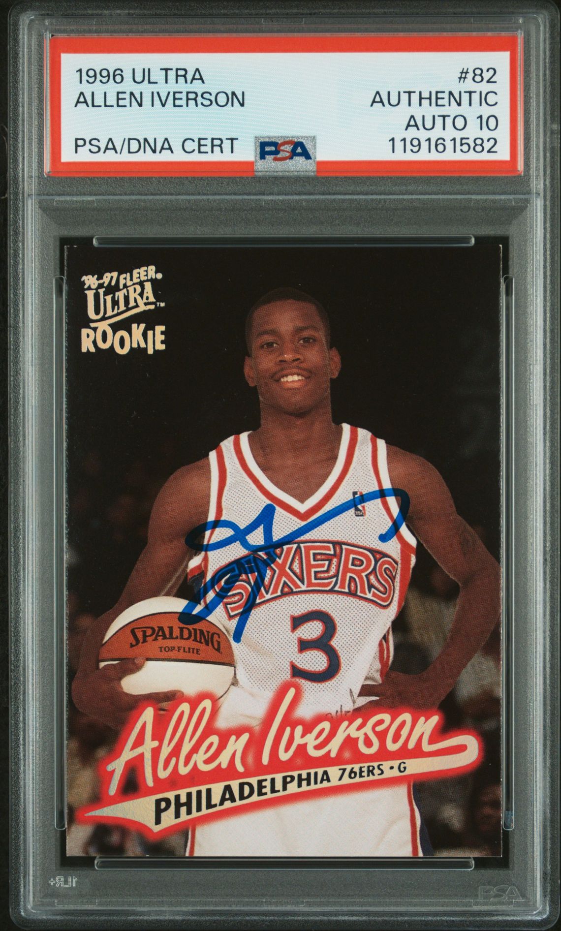 Allen Iverson 1996 Fleer Ultra Signed Basketball Rookie Card #82 Auto Graded PSA 10 Cert # 119161582