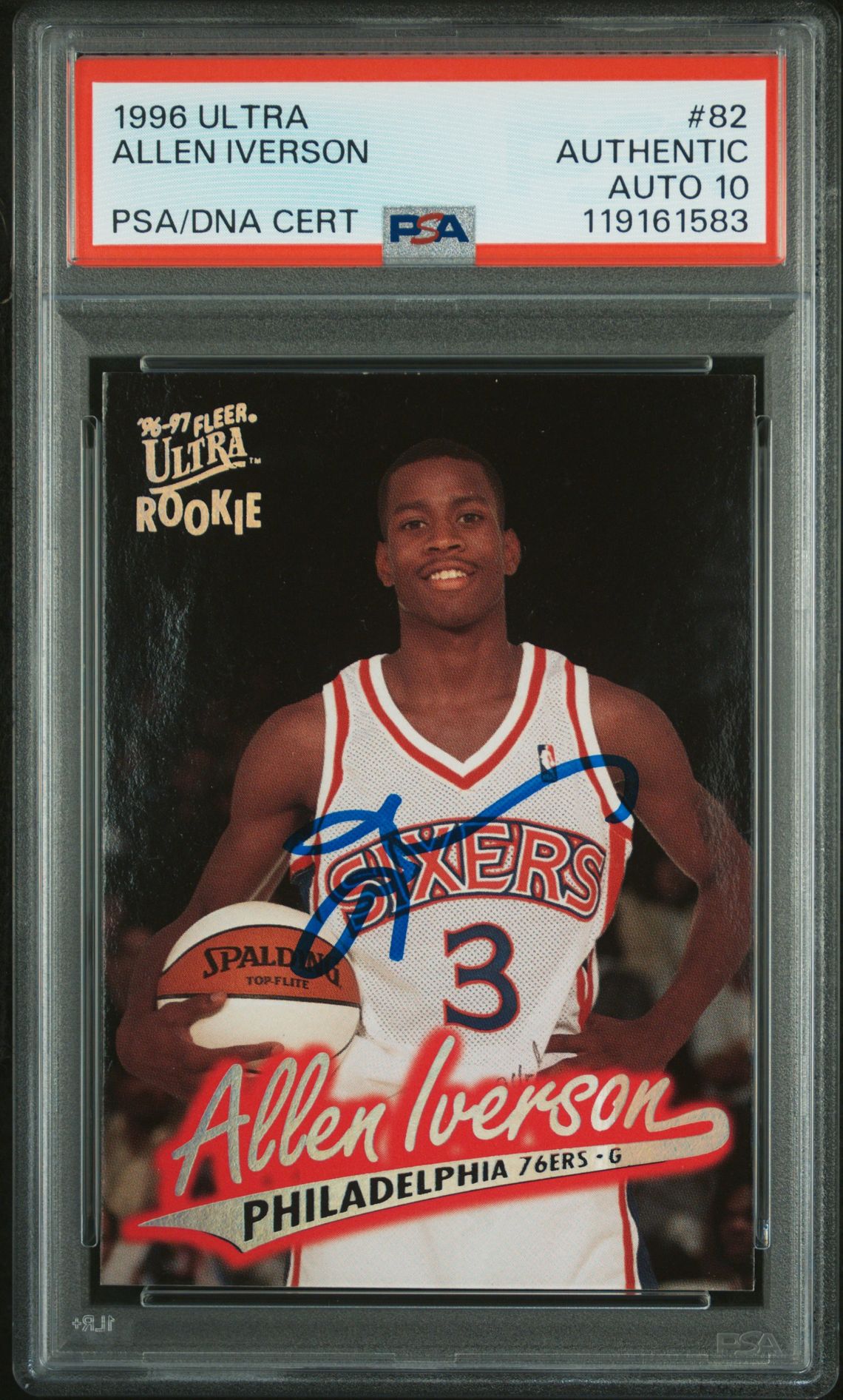 Allen Iverson 1996 Fleer Ultra Signed Basketball Rookie Card #82 Auto Graded PSA 10 Cert # 119161583