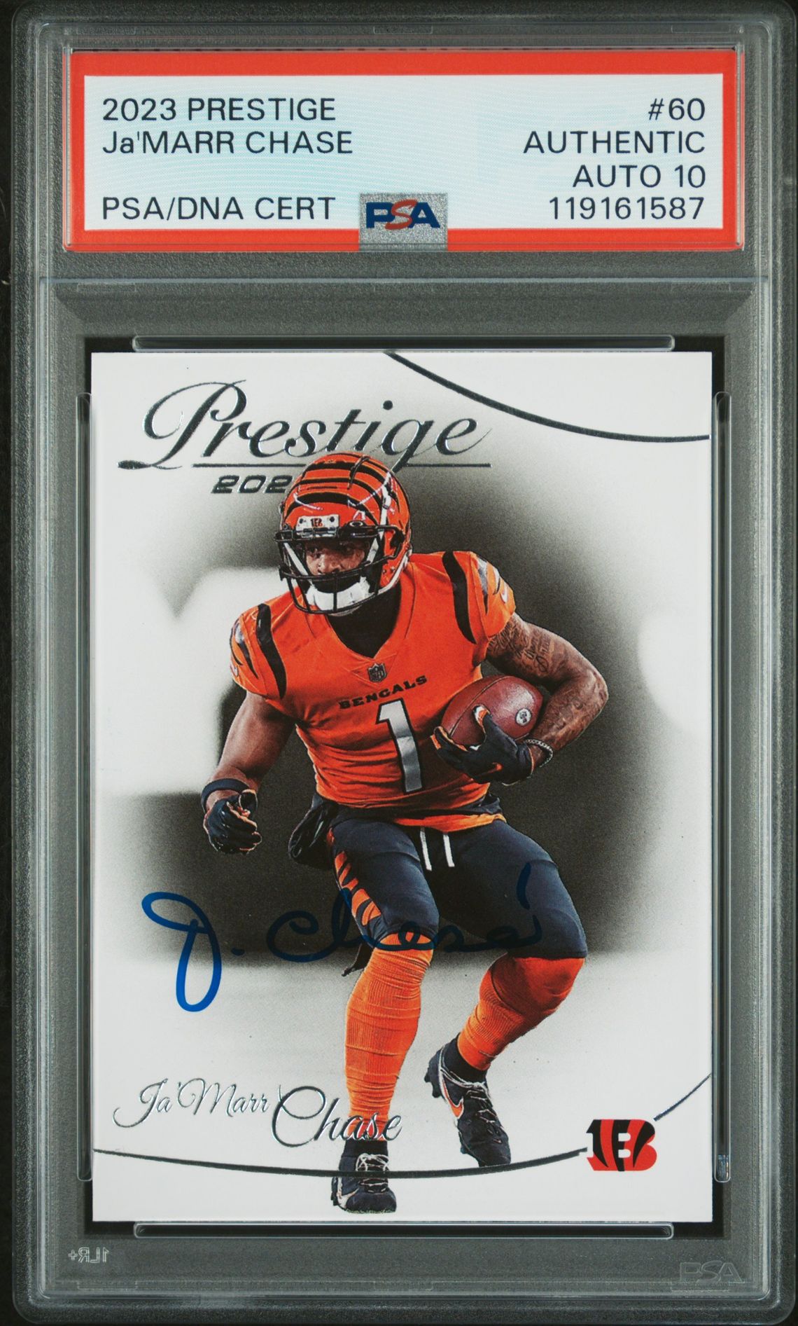 Ja'Marr Chase 2023 Prestige Signed Football Card #60 Auto Graded PSA 10 Cert # 119161587