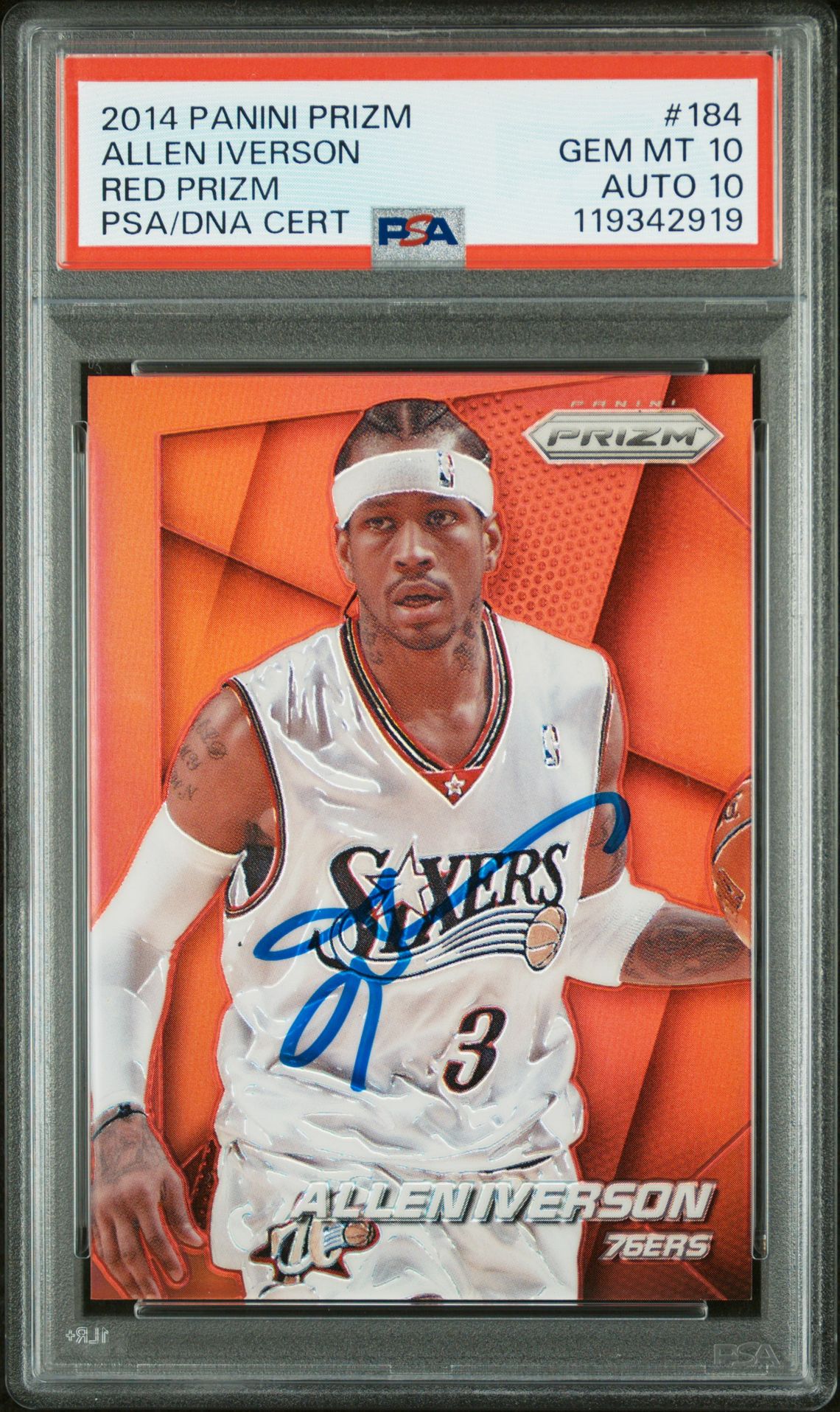 Allen Iverson 2014 Panini Red Prizm Signed Basketball Card #184 Graded PSA 10 Auto 10 17/49 Cert # 119342919