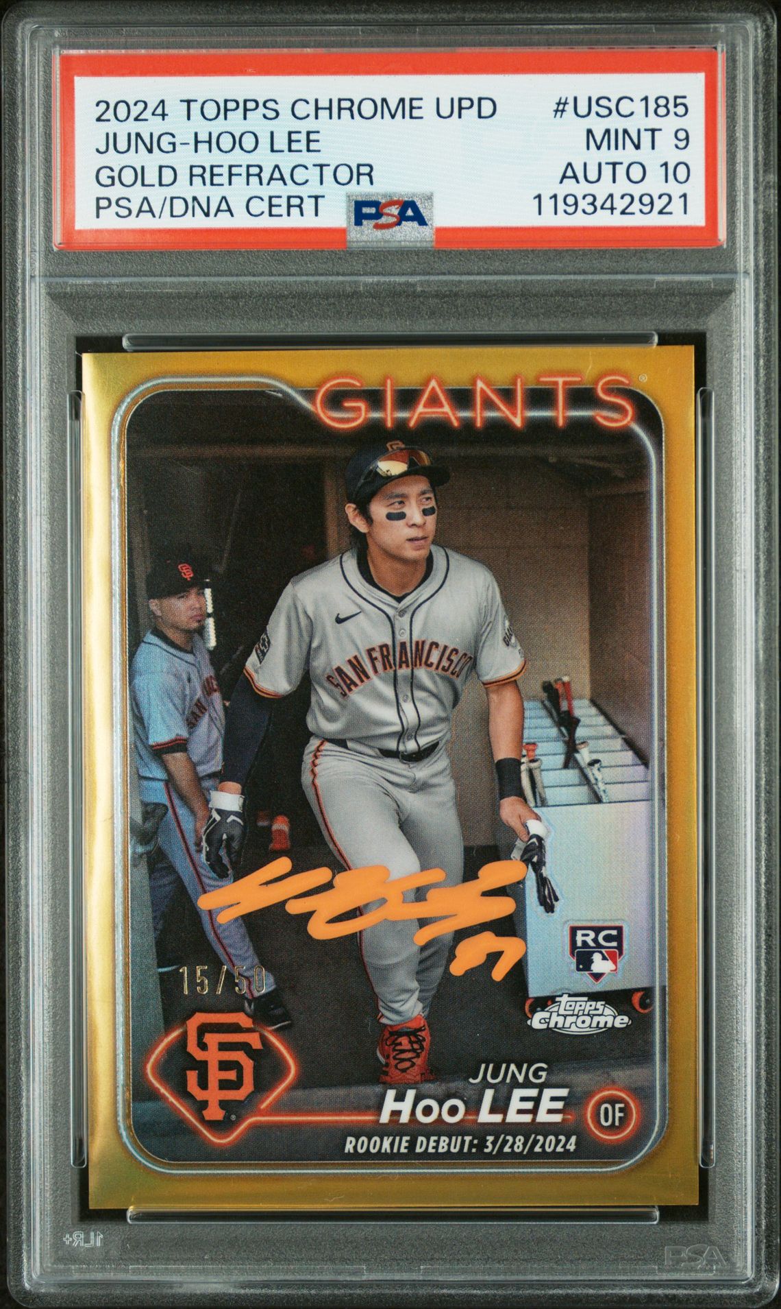 Jung-Hoo Lee 2024 Topps Chrome Gold Refractor Signed Baseball Rookie Card #USC185 Graded PSA 9 Auto 10 15/50 Cert # 119342921