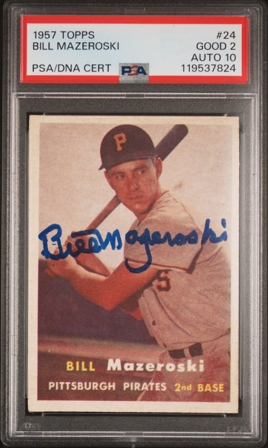 Bill Mazeroski 1957 Topps Signed Baseball Rookie Card #24 Graded PSA 2 Auto 10