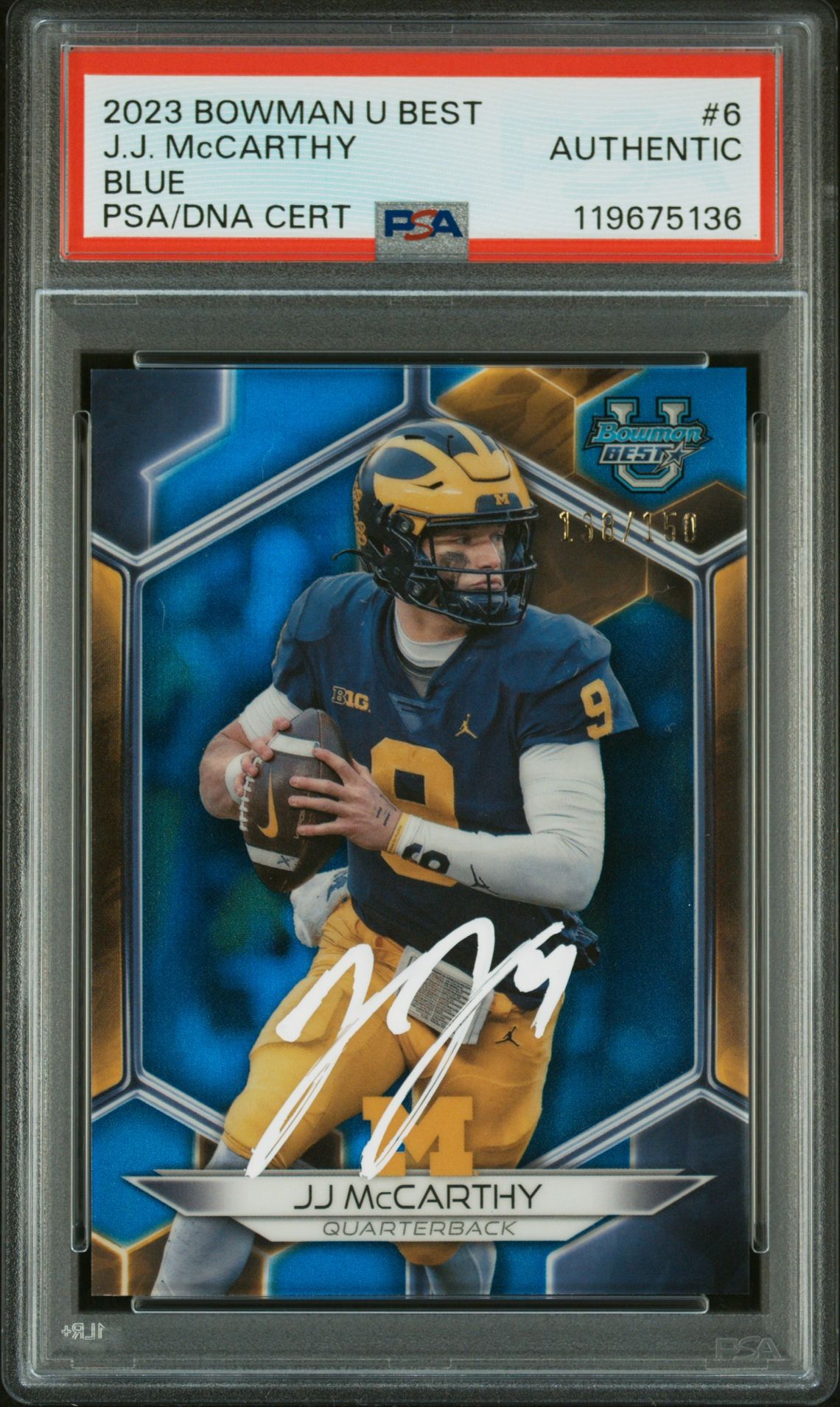 J.J. McCarthy 2023 Bowman U Best Blue Signed Football Rookie Card #6 Auto PSA Authentic 138/150 Cert # 119675136 JJ J.J. McCarthy 2023 Bowman U Best Blue Signed Football Rookie Card #6 Auto PSA Authentic 138/150 Cert # 119675136 JJ