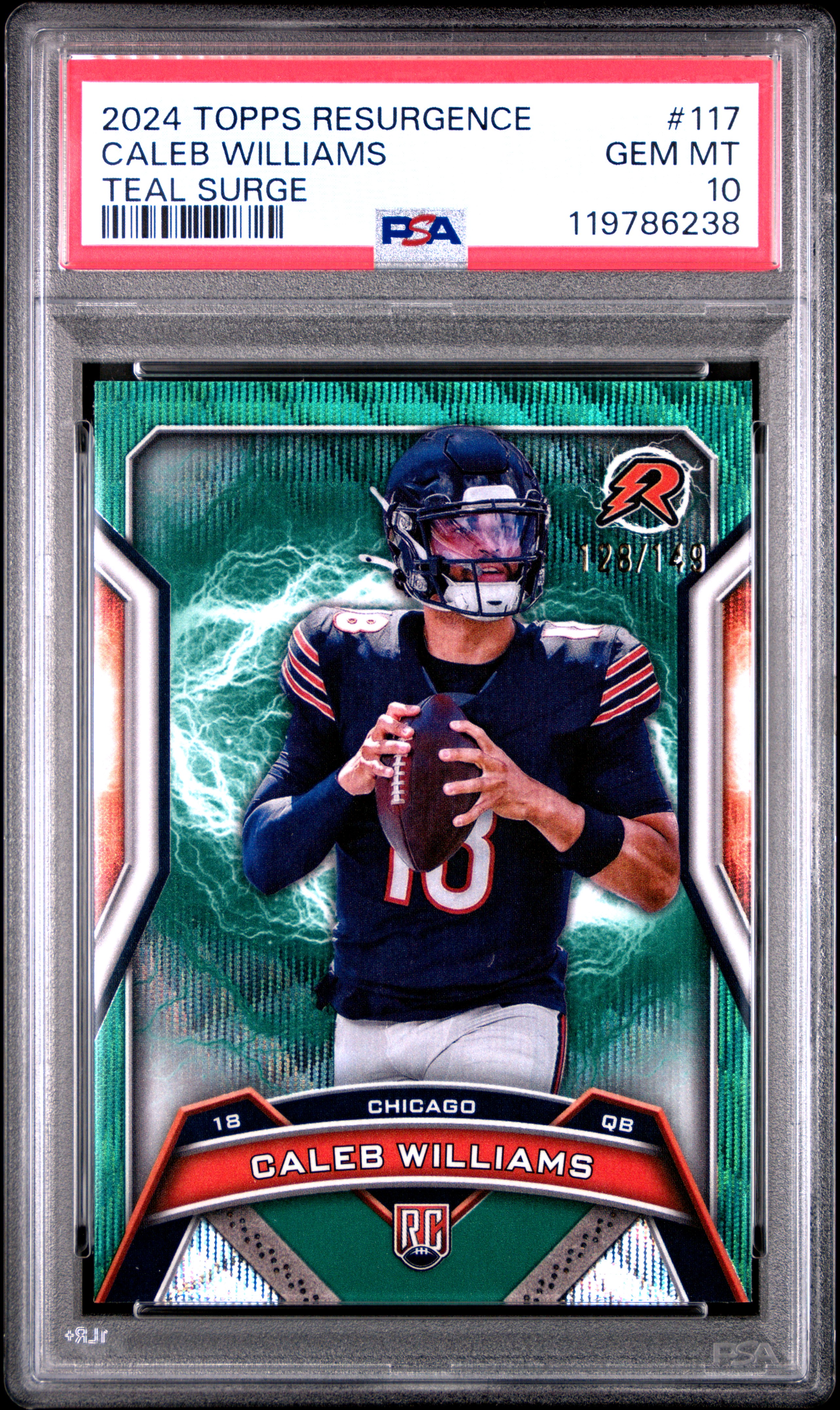 Caleb Williams 2024 Topps Resurgence Teal Surge Football Rookie Card #117 Graded PSA 10 Cert #119786238