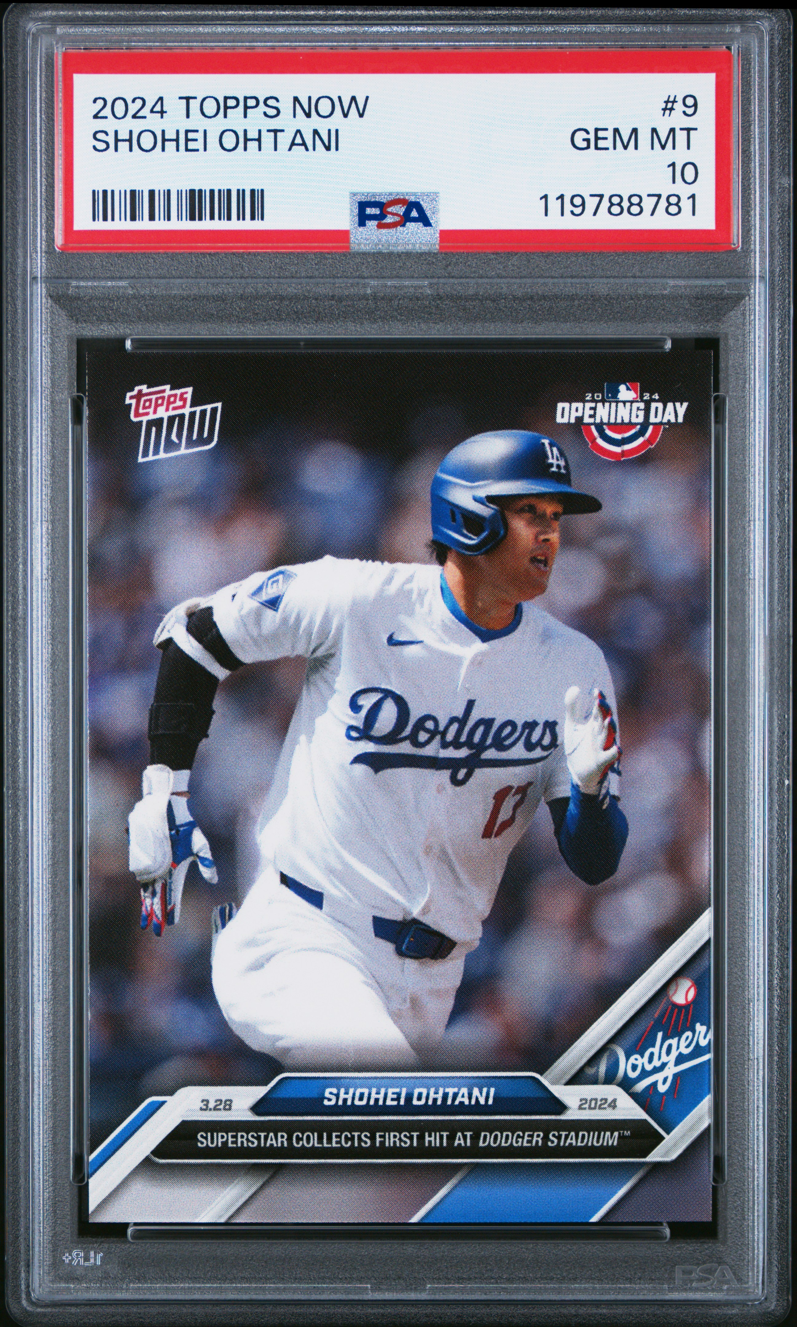 Shohei Ohtani 2024 Topps Now 1st Hit at Dodger Stadium Baseball Card #9 Graded PSA 10 Cert # 119788781