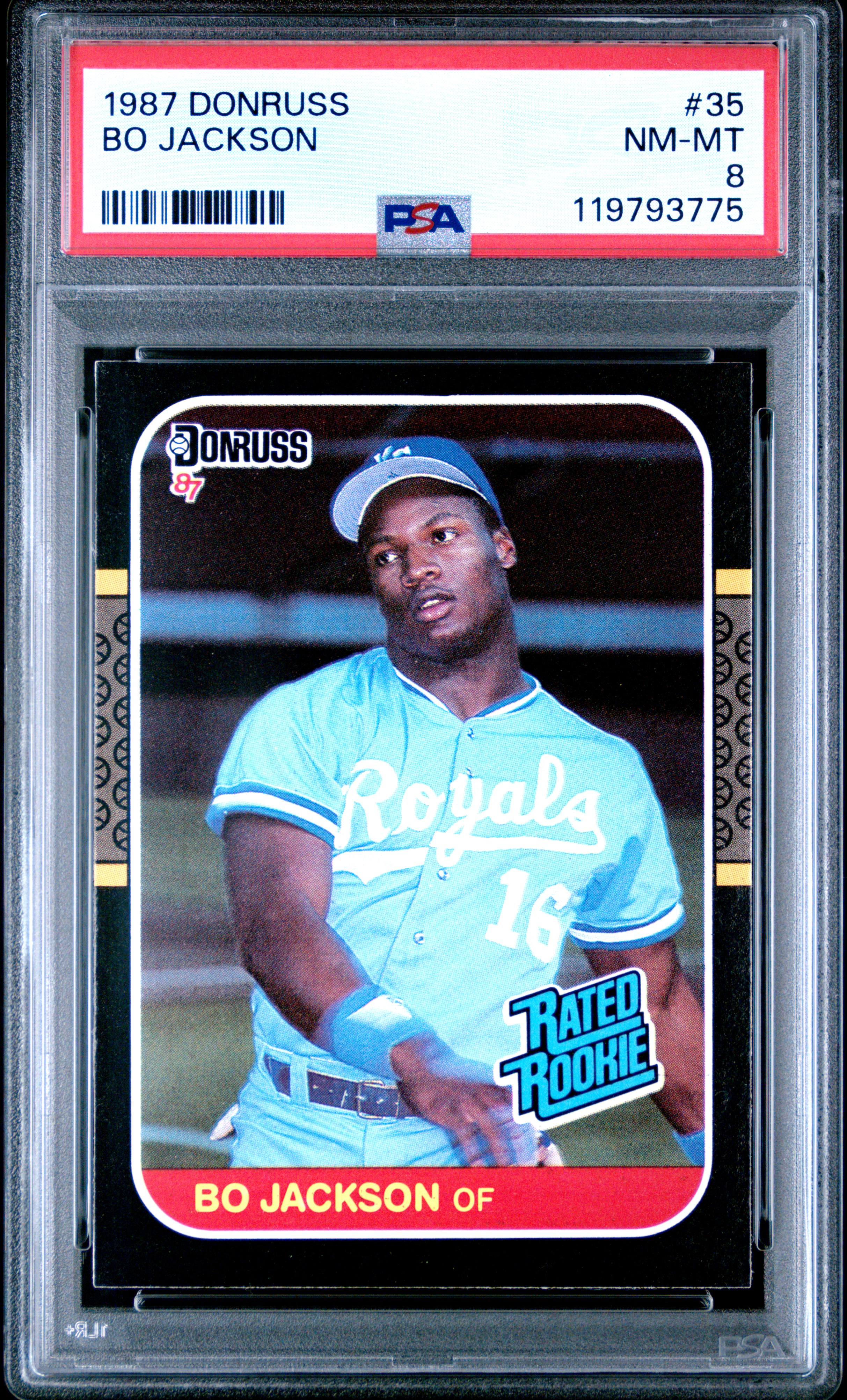 Bo Jackson 1987 Donruss Rated Rookie Kansas City Royals Baseball RC Card #35 Graded PSA 8 Cert #119793775