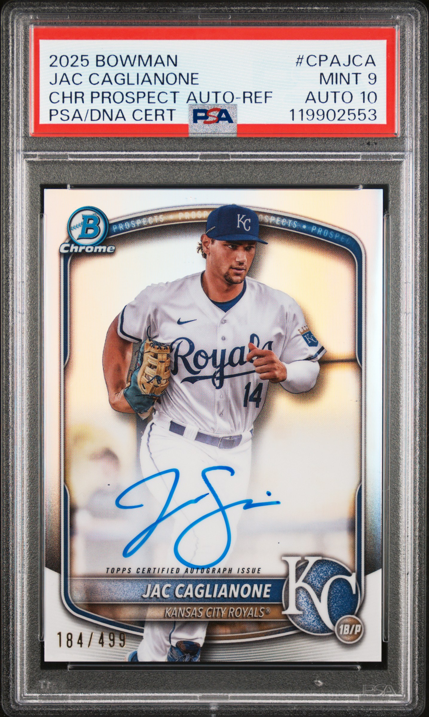 Jac Caglianone 2025 Bowman Chrome Refractor Signed Baseball Rookie Card #CPAJCA Graded PSA 9 Auto 10 184/499 119902553