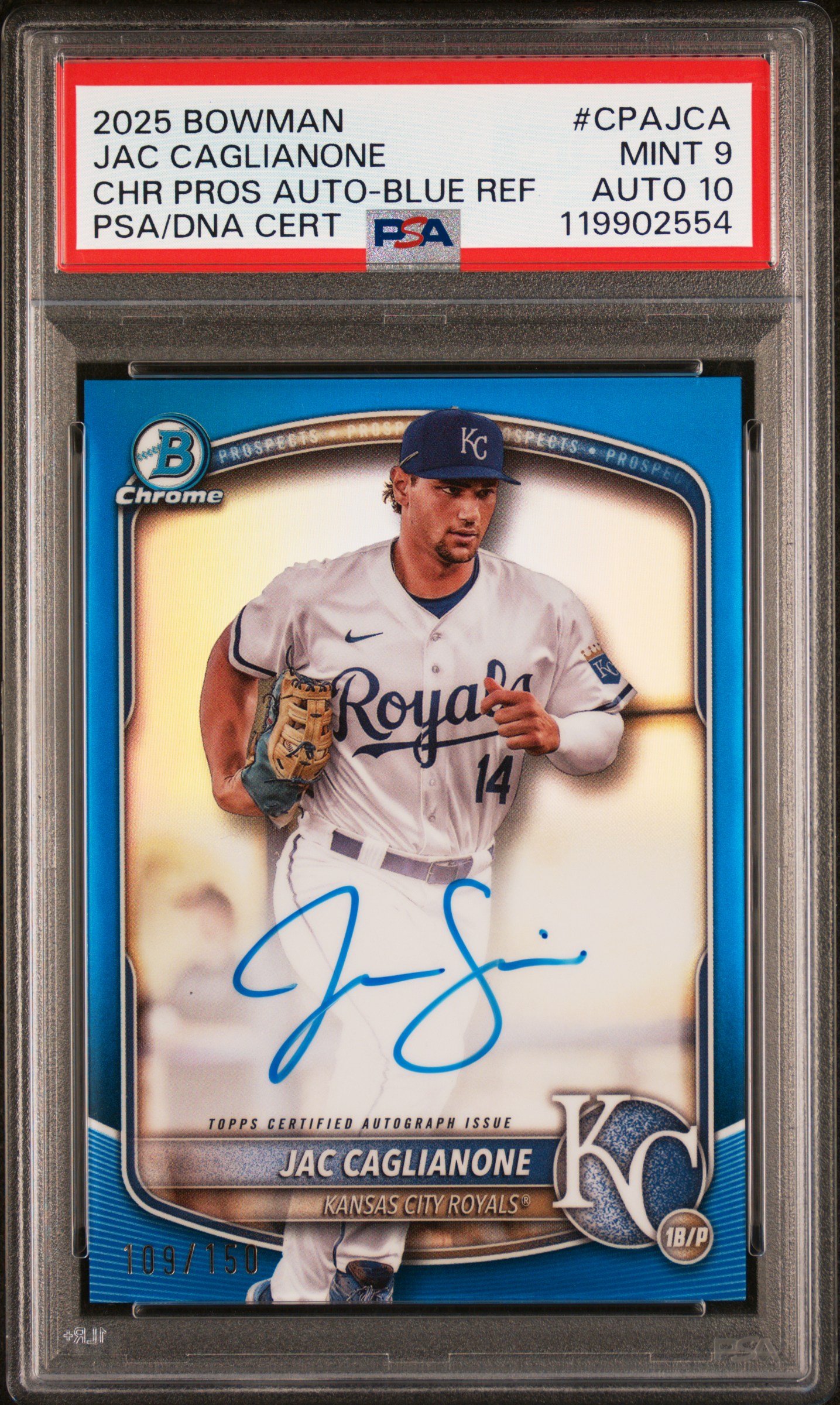Jac Caglianone 2025 Bowman Chrome Blue Refractor Signed Baseball Rookie Card #CPAJCA Graded PSA 9 Auto 10 109/150 119902554