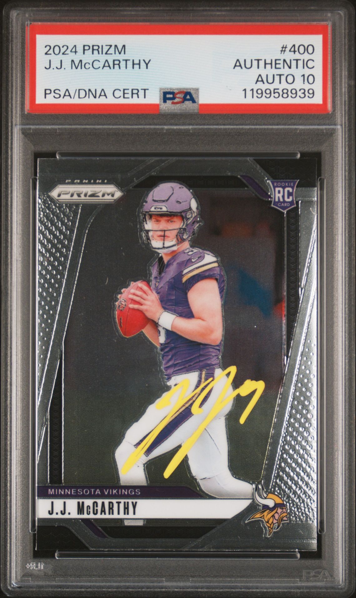J.J. McCarthy 2024 Panini Prizm Signed Football Rookie Card #400 Auto Graded PSA 10 Cert # 119958939 JJ J.J. McCarthy 2024 Panini Prizm Signed Football Rookie Card #400 Auto Graded PSA 10 Cert # 119958939 JJ