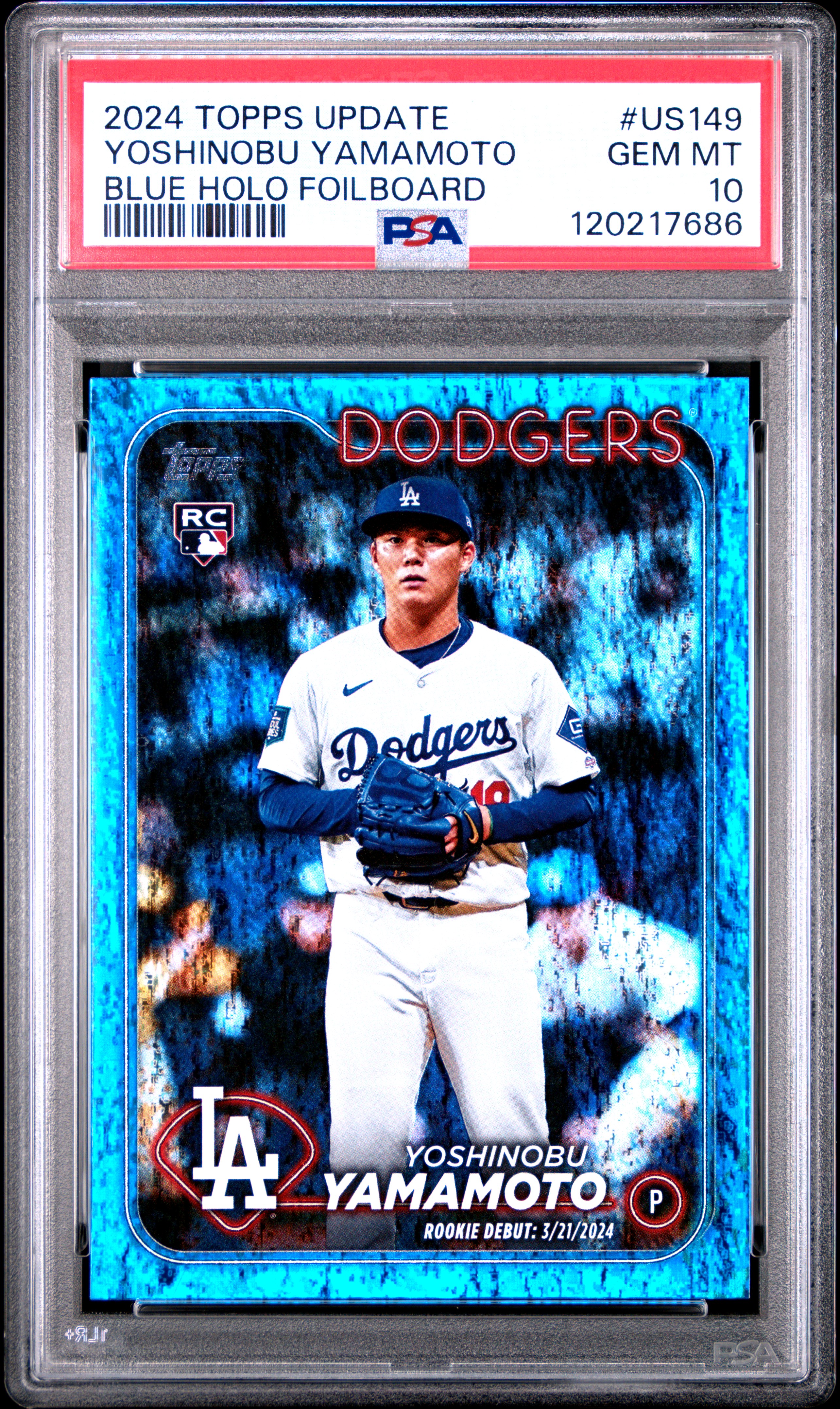 Yoshinobu Yamamoto 2024 Topps Update Blue Holo Foilboard Rookie Baseball Card #US149 Graded PSA 10 120217686 /999 Cert #120217686