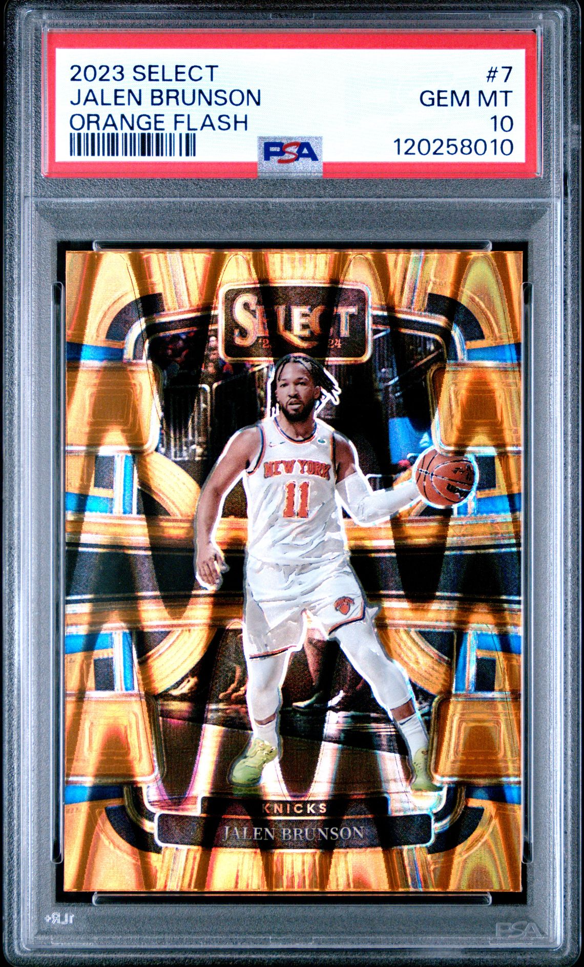 Jalen Brunson 2023 Panini Select Orange Flash Basketball Card #7 Graded PSA 10 Cert # 120258010 Jalen Brunson 2023 Panini Select Orange Flash Basketball Card #7 Graded PSA 10 Cert # 120258010