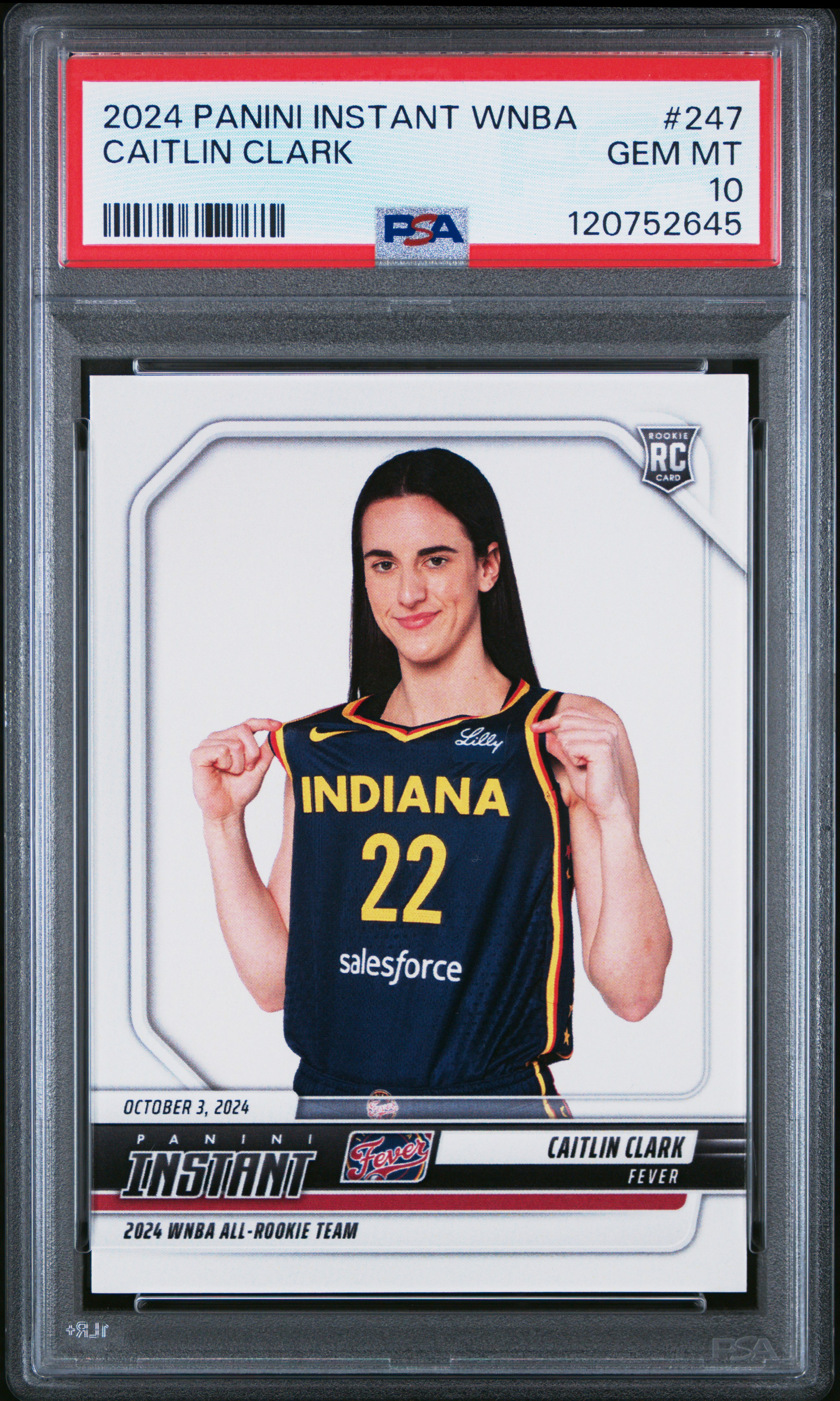 Caitlin Clark 2024 Panini Instant WNBA Indiana Fever Basketball Rookie Card RC #247 Graded PSA 10 Cert #120752645 Caitlin Clark 2024 Panini Instant WNBA Indiana Fever Basketball Rookie Card RC #247 Graded PSA 10 Cert #120752645