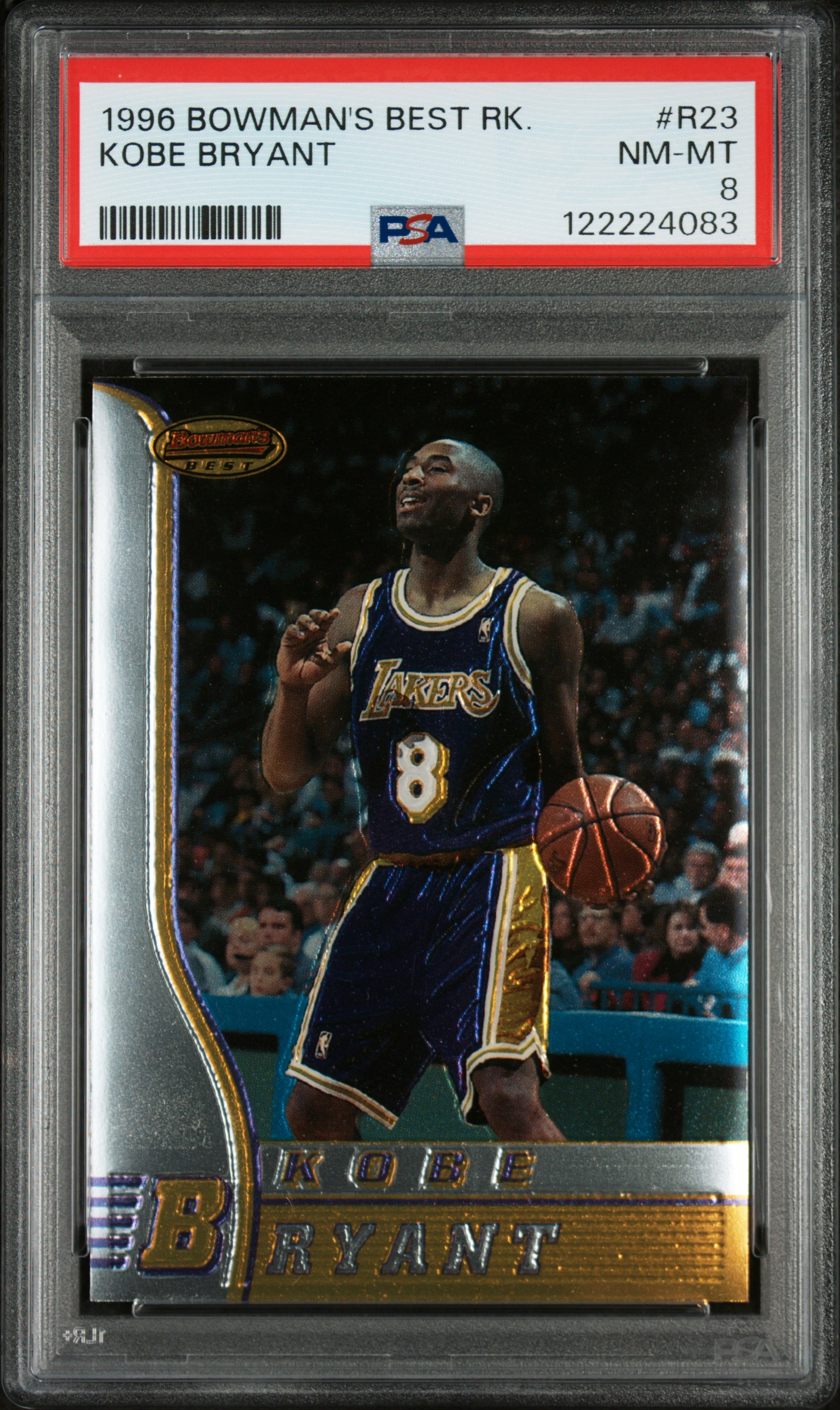 Kobe Bryant 1996 Bowman's Best Rookies Los Angeles Lakers Basketball RC Card #R23 Graded PSA 8 Cert #122224083