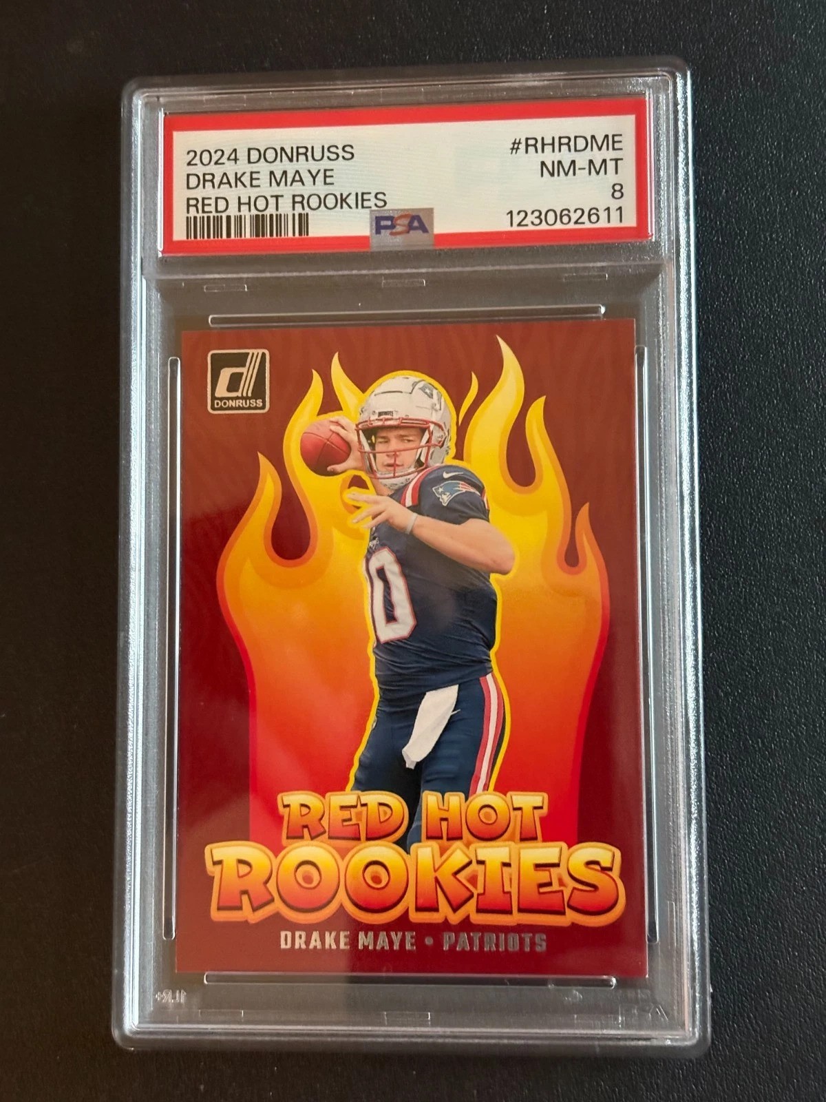 Drake Maye 2024 Donruss Red Hot Rookies Football Rookie Card #RHRDME Graded PSA 8 Cert #123062611