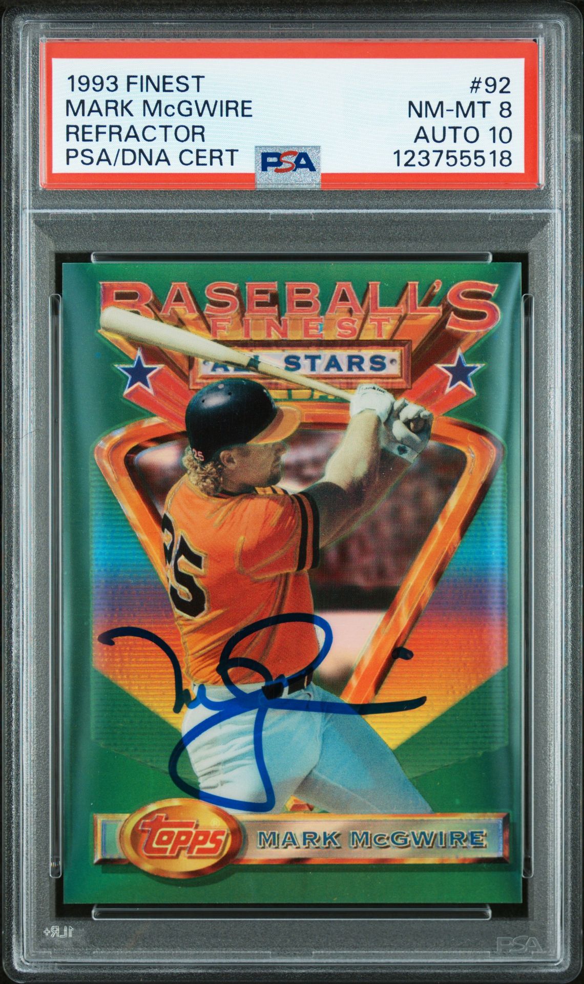 Mark McGwire 1993 Finest Refractor Signed Baseball Card #92 Graded PSA 8 Auto 10 Cert # 123755518