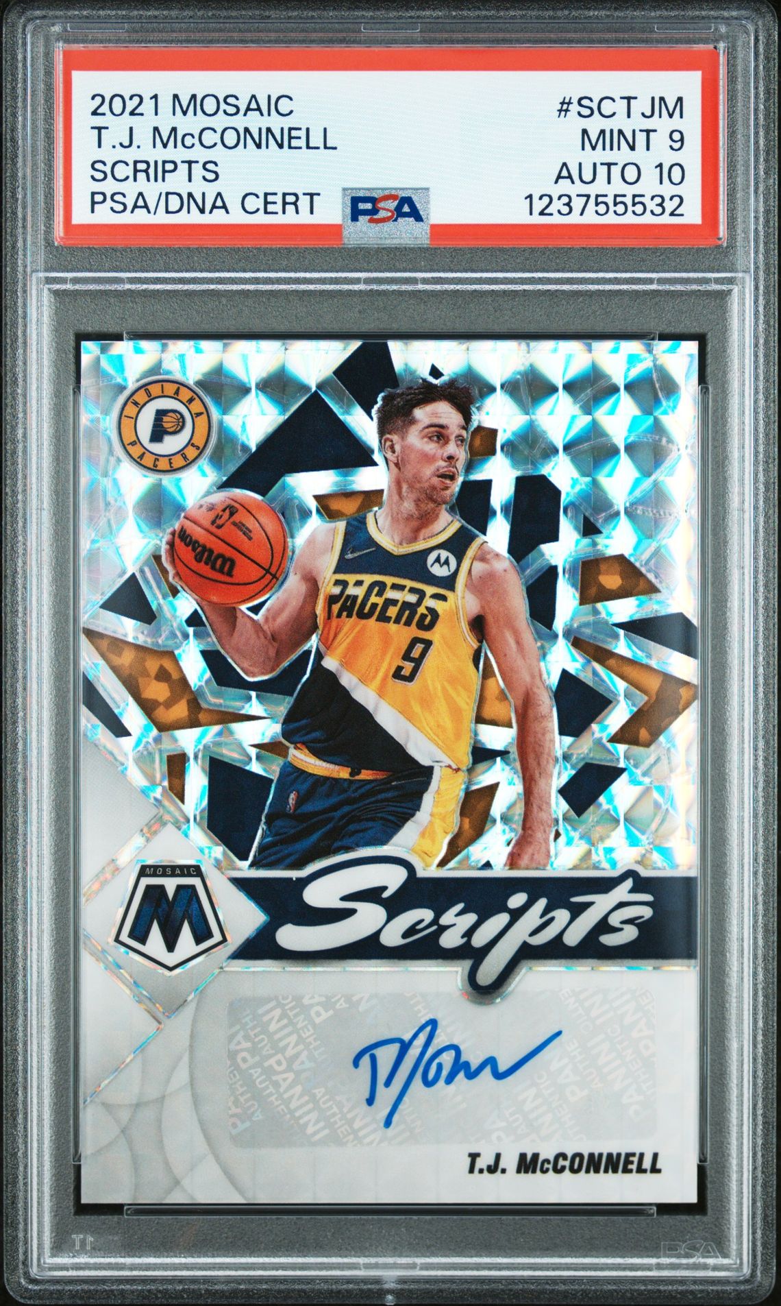 T.J. McConnell 2021 Mosaic Scripts Signed Basketball Card #SCTJM Graded PSA 9 Auto 10 Cert # 123755532