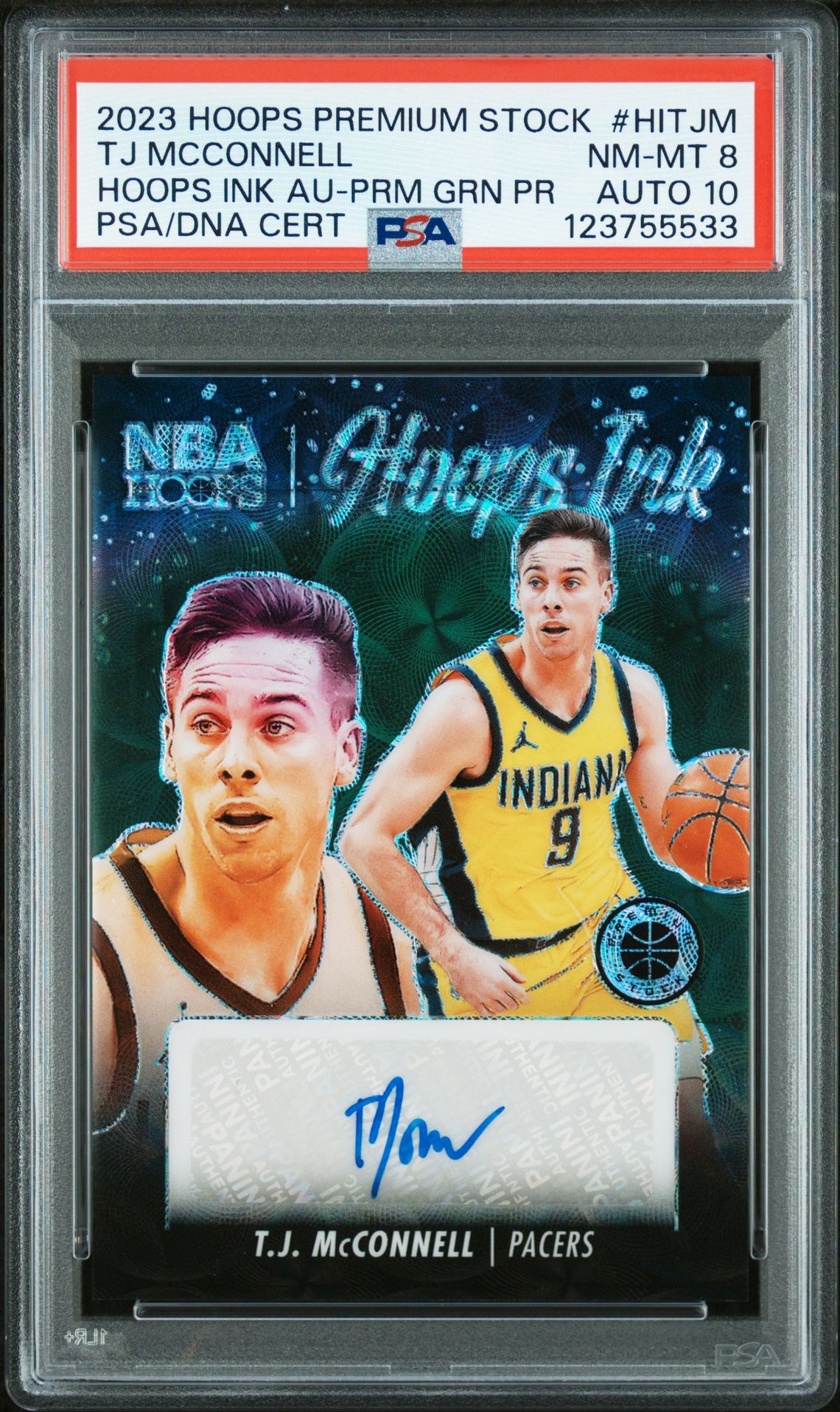 T.J. McConnell 2023 Hoops Premium Stock Ink Green Signed Basketball Card #HITJM Graded PSA 8 Auto 10 3/8 Cert # 123755533