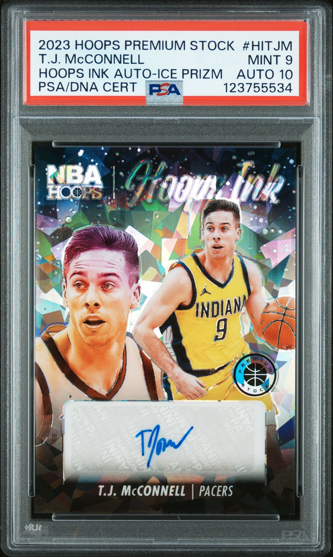 T.J. McConnell 2023 Hoops Premium Stock Ink Ice Prizm Signed Basketball Card #HITJM Graded PSA 9 Auto 10 Cert # 123755534