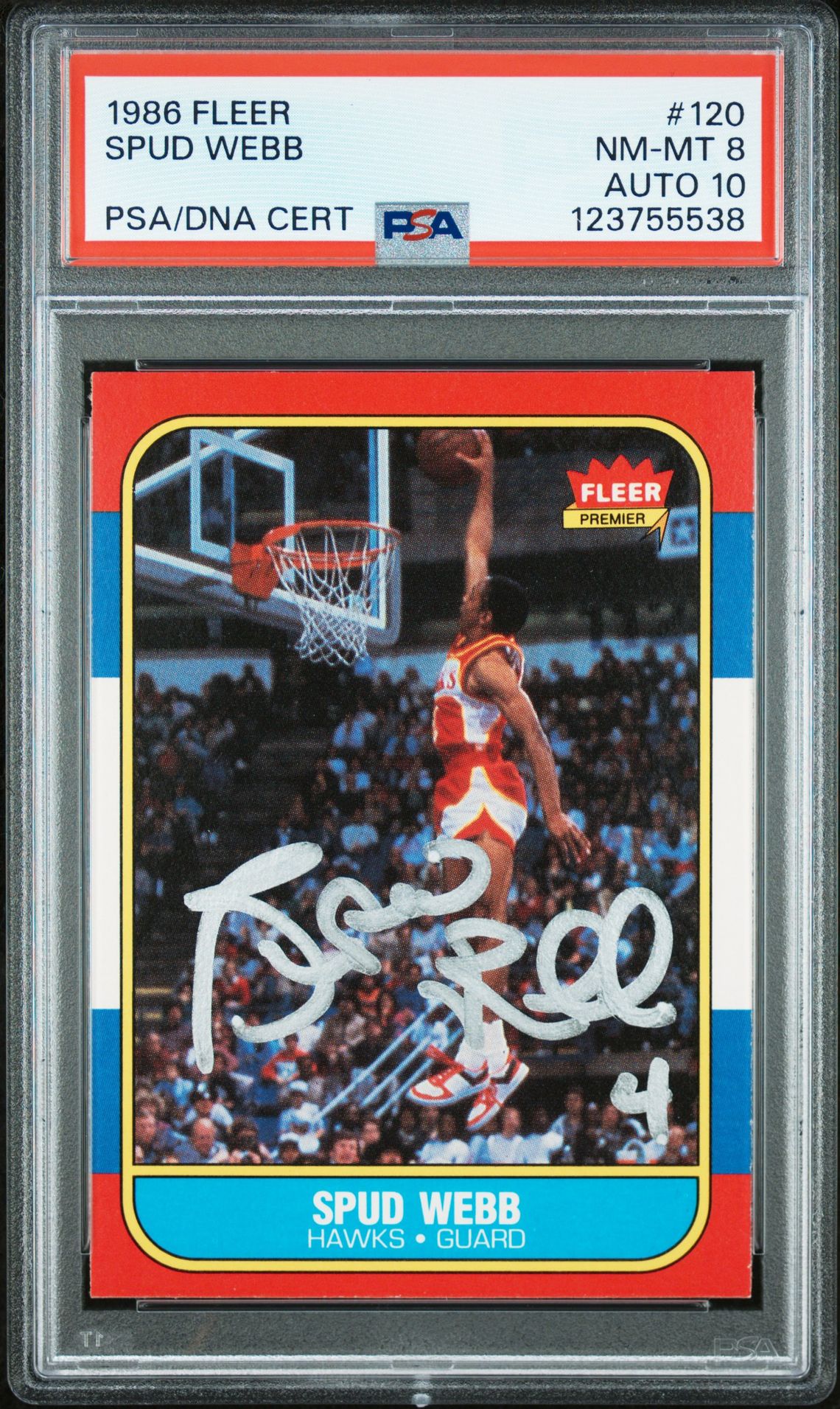 Spud Webb 1986 Fleer Signed Basketball Rookie Card # 120 Graded PSA 8 Auto 10 Cert # 123755538