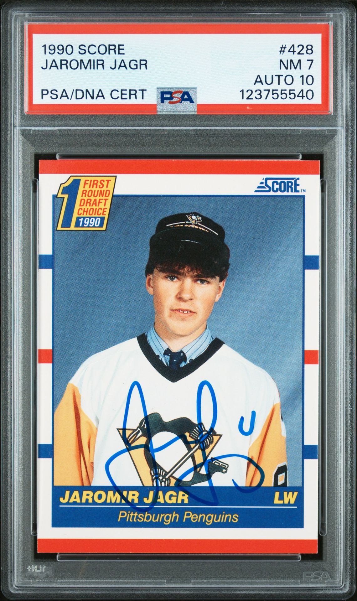 Jaromir Jagr 1990 Score Signed Hockey Rookie Card #428 Graded PSA 7 Auto 10 Cert # 123755540