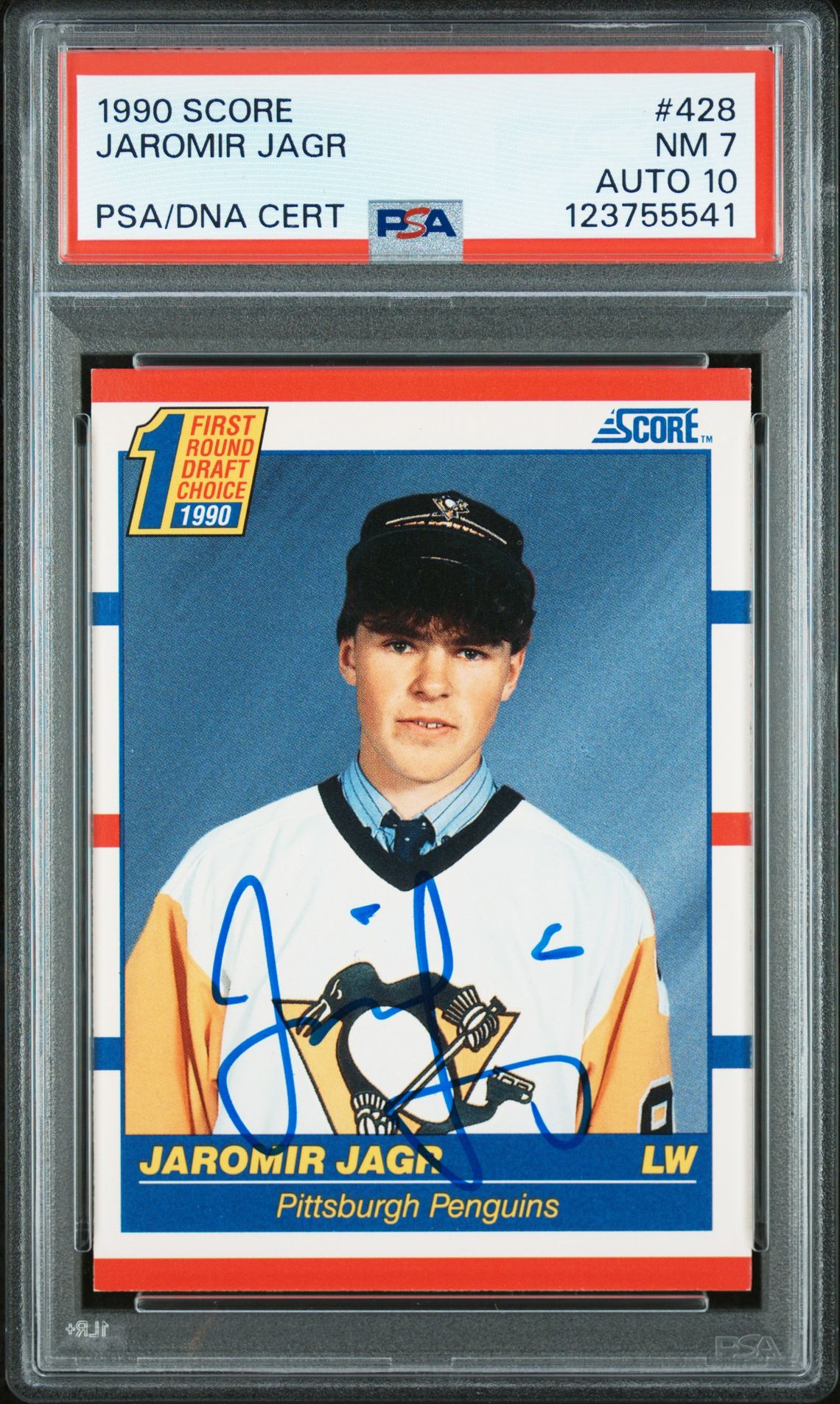 Jaromir Jagr 1990 Score Signed Hockey Rookie Card #428 Graded PSA 7 Auto 10 Cert # 123755541