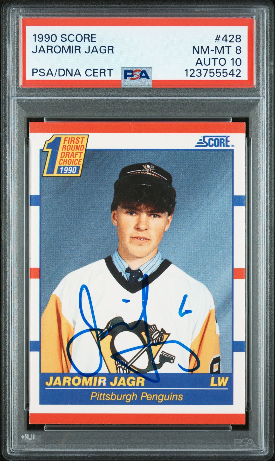 Jaromir Jagr 1990 Score Signed Hockey Rookie Card #428 Graded PSA 8 Auto 10 Cert # 123755542