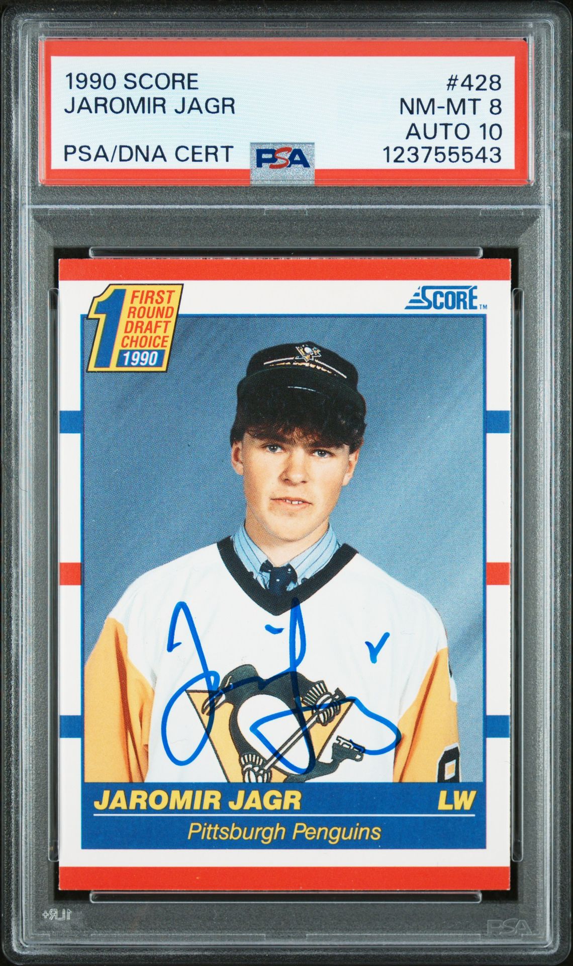 Jaromir Jagr 1990 Score Signed Hockey Rookie Card #428 Graded PSA 8 Auto 10 Cert # 123755543