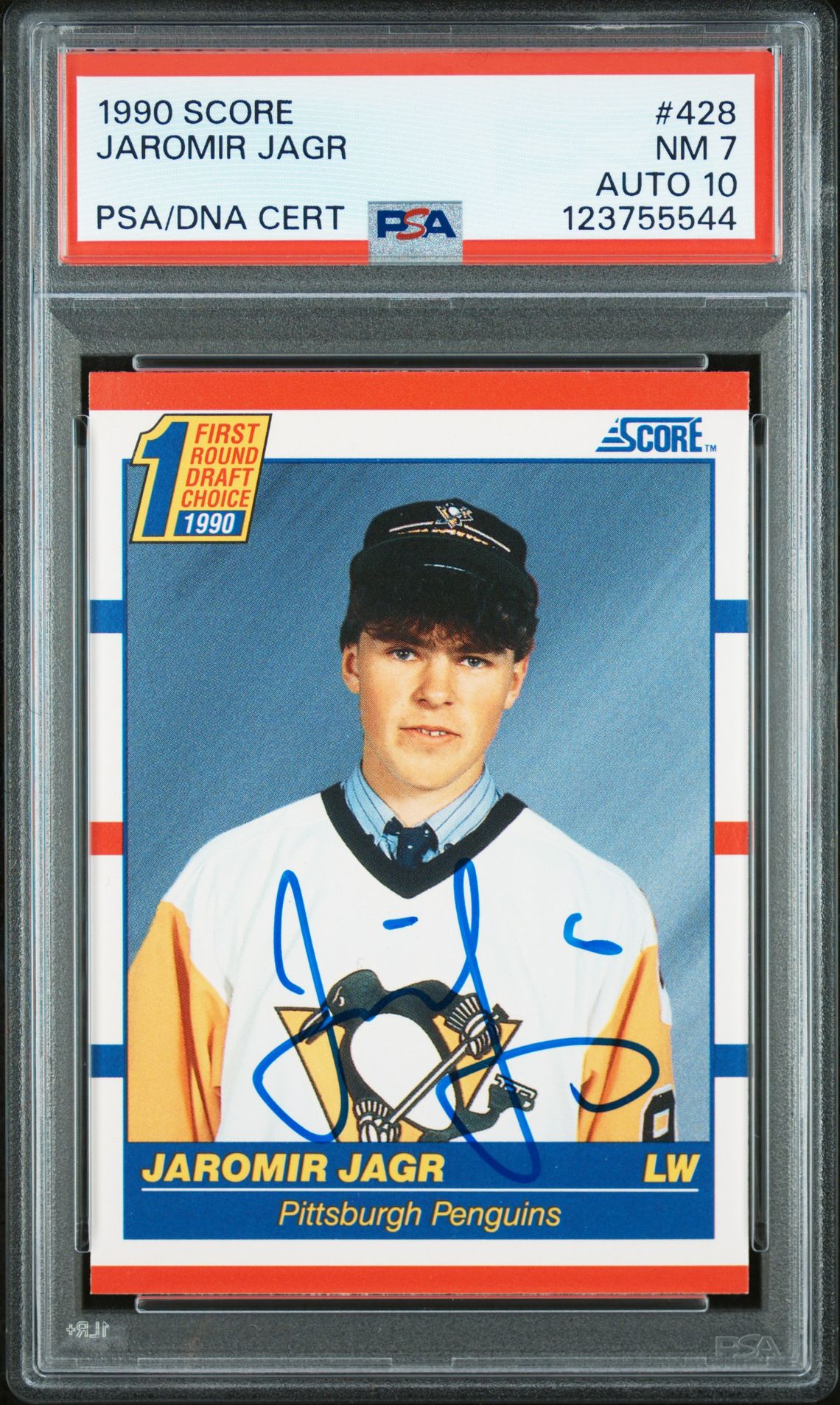 Jaromir Jagr 1990 Score Signed Hockey Rookie Card #428 Graded PSA 7 Auto 10 Cert # 123755544