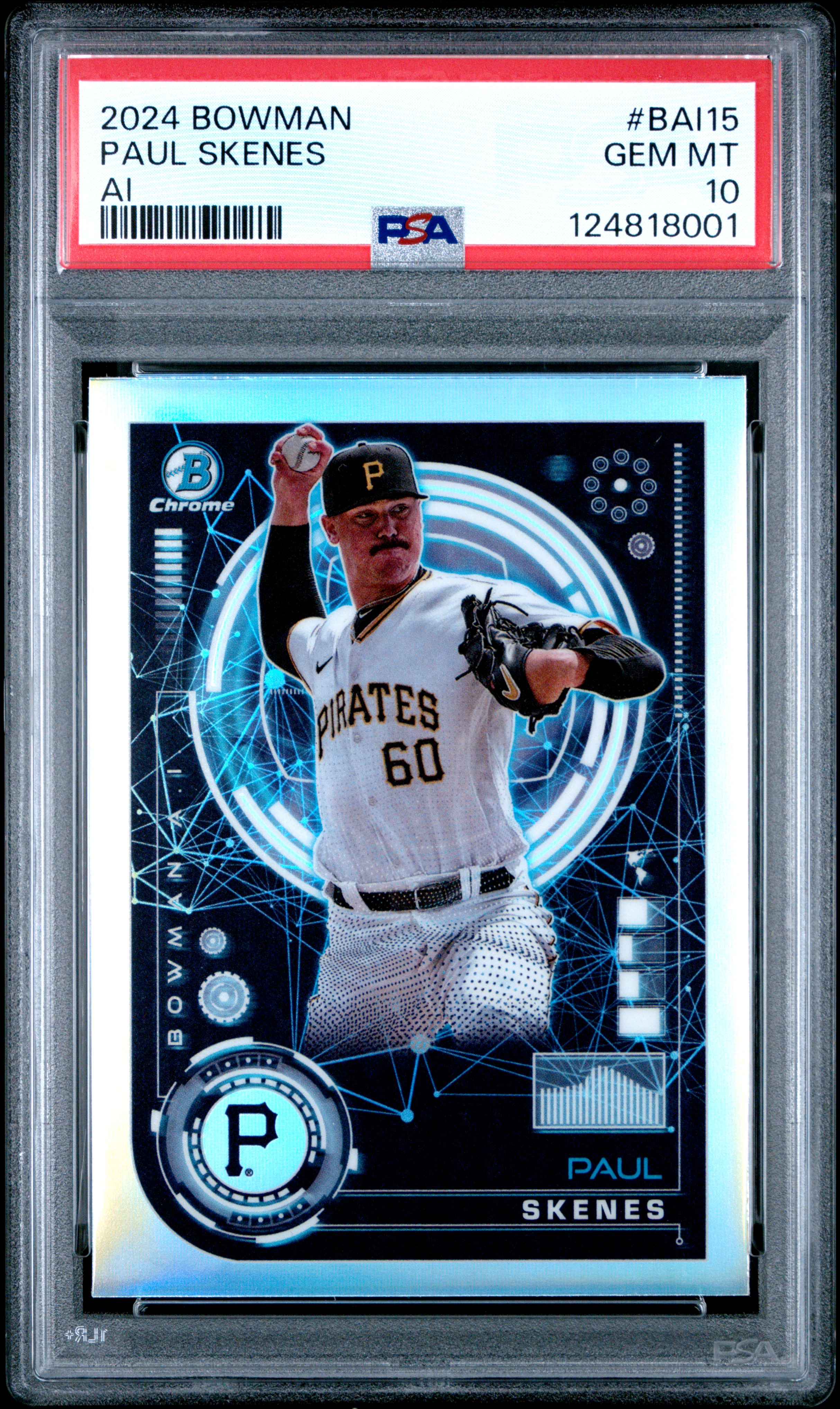 Paul Skenes 2024 Bowman AI Pittsburgh Pirates Baseball RC Rookie Card #BAI15 Graded PSA 10 Cert #124818001 Paul Skenes 2024 Bowman AI Pittsburgh Pirates Baseball RC Rookie Card #BAI15 Graded PSA 10 Cert #124818001