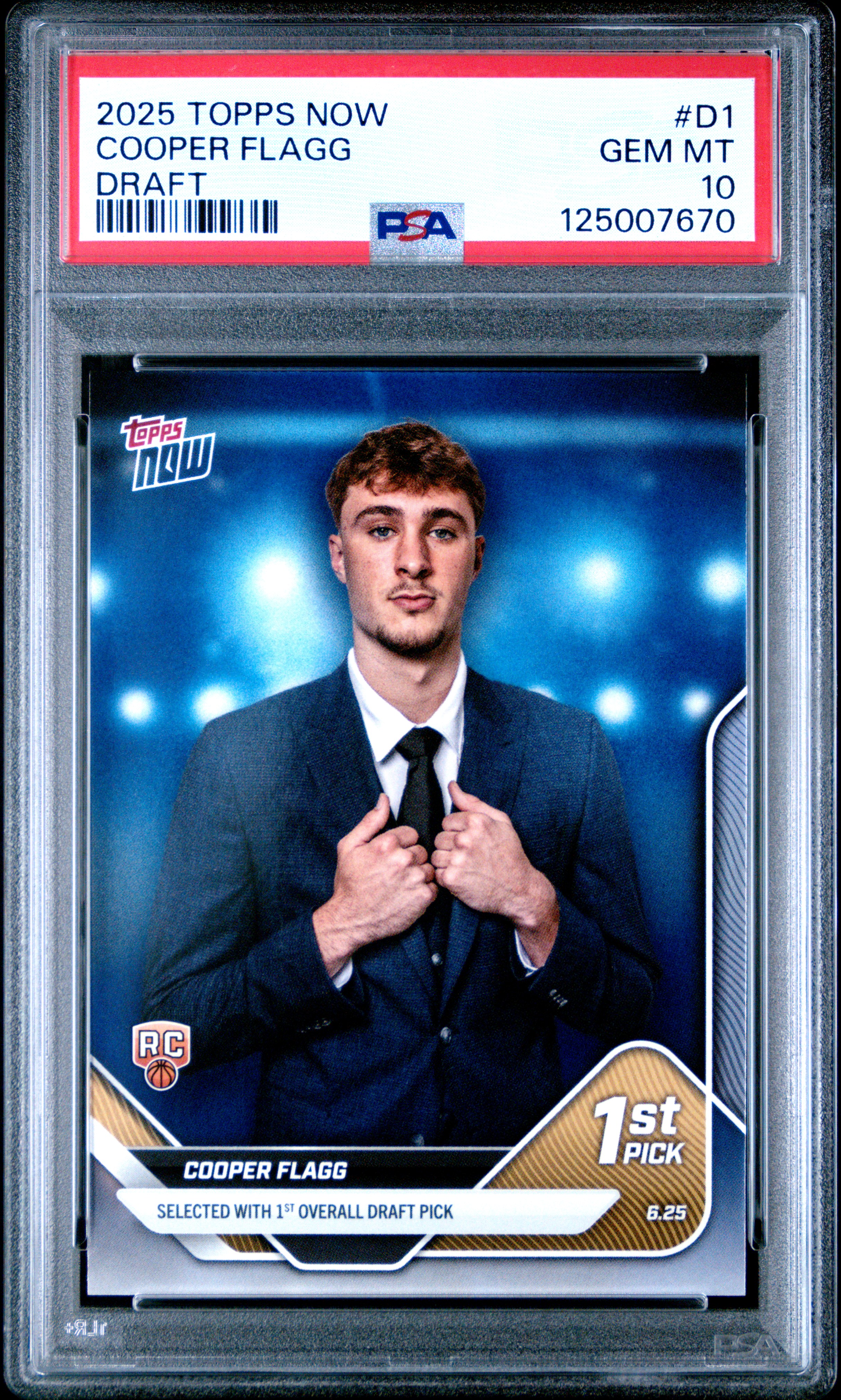 Cooper Flagg 2025 Topps Now Draft Basketballl Rookie Card #D1 Graded PSA 10 Cert # 125007670
