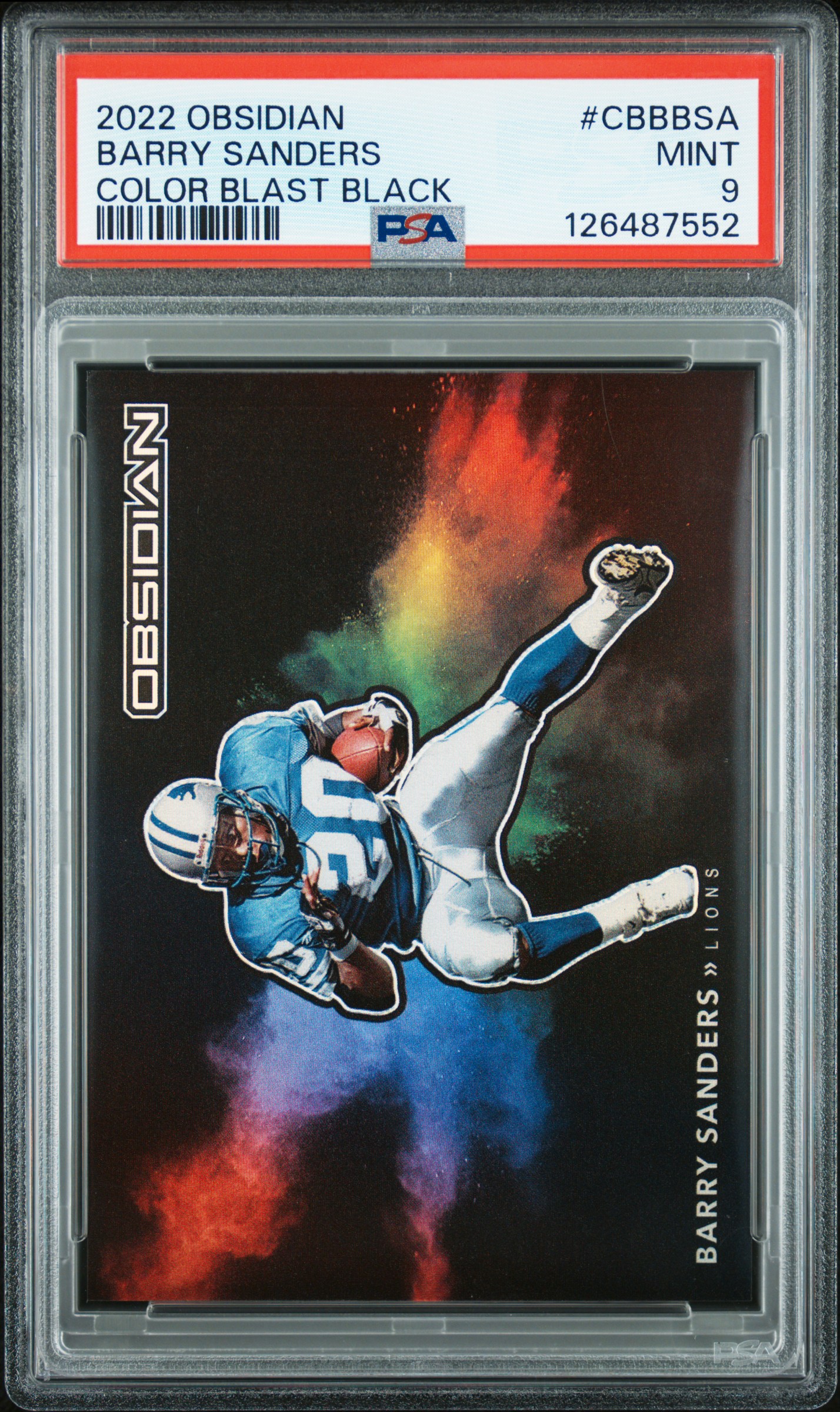 Barry Sanders 2022 Panini Obsidian Color Blast Black Detroit Lions Football Card #CBBBSA Graded PSA 9 Cert #126487552 Barry Sanders 2022 Panini Obsidian Color Blast Black Detroit Lions Football Card #CBBBSA Graded PSA 9 Cert #126487552