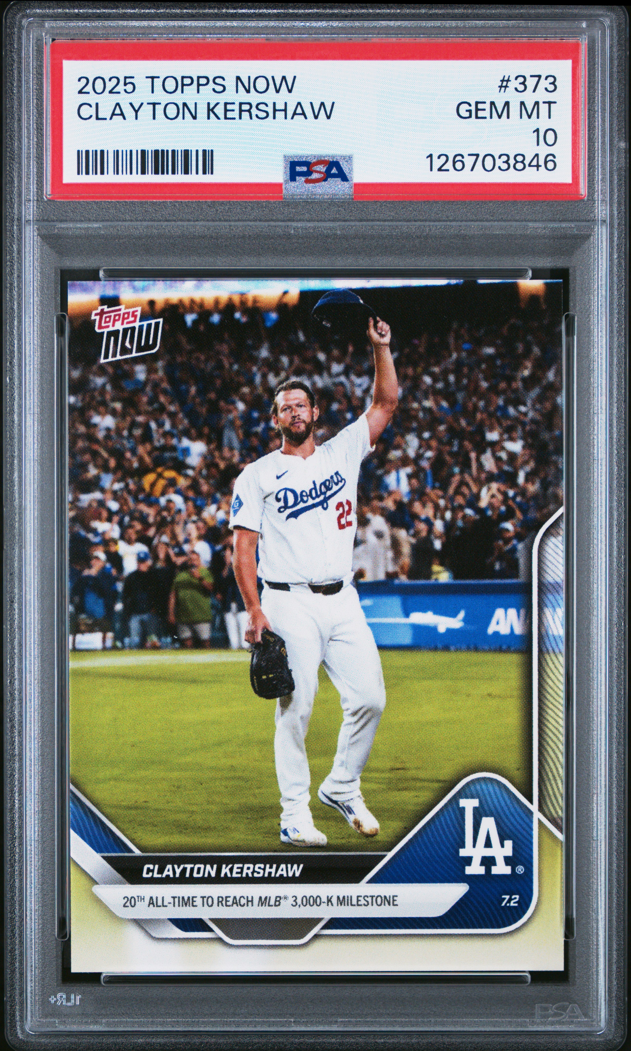 Clayton Kershaw 2025 Topps Now 3000 Strikeout Baseball Card #373 Graded PSA 10 Cert # 126703846