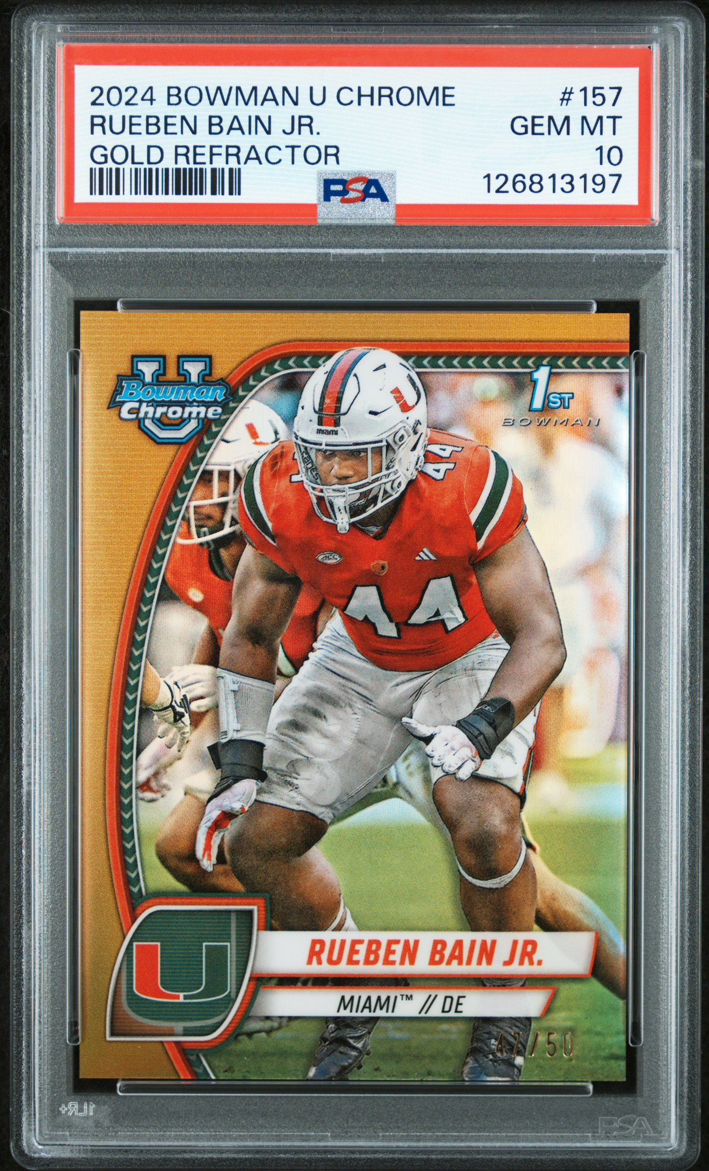 Rueben Bain Jr. 2024 Bowman U Chrome Gold Refractor Football Rookie Card #157 Graded PSA 10 47/50 Cert #126813197