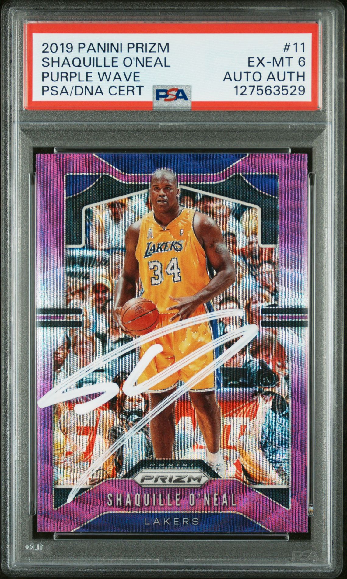 Shaquille O'Neal 2019 Panini Prizm Signed Basketball Card #11 Purple Wave Graded PSA 6 Auto Auth Cert #127563529